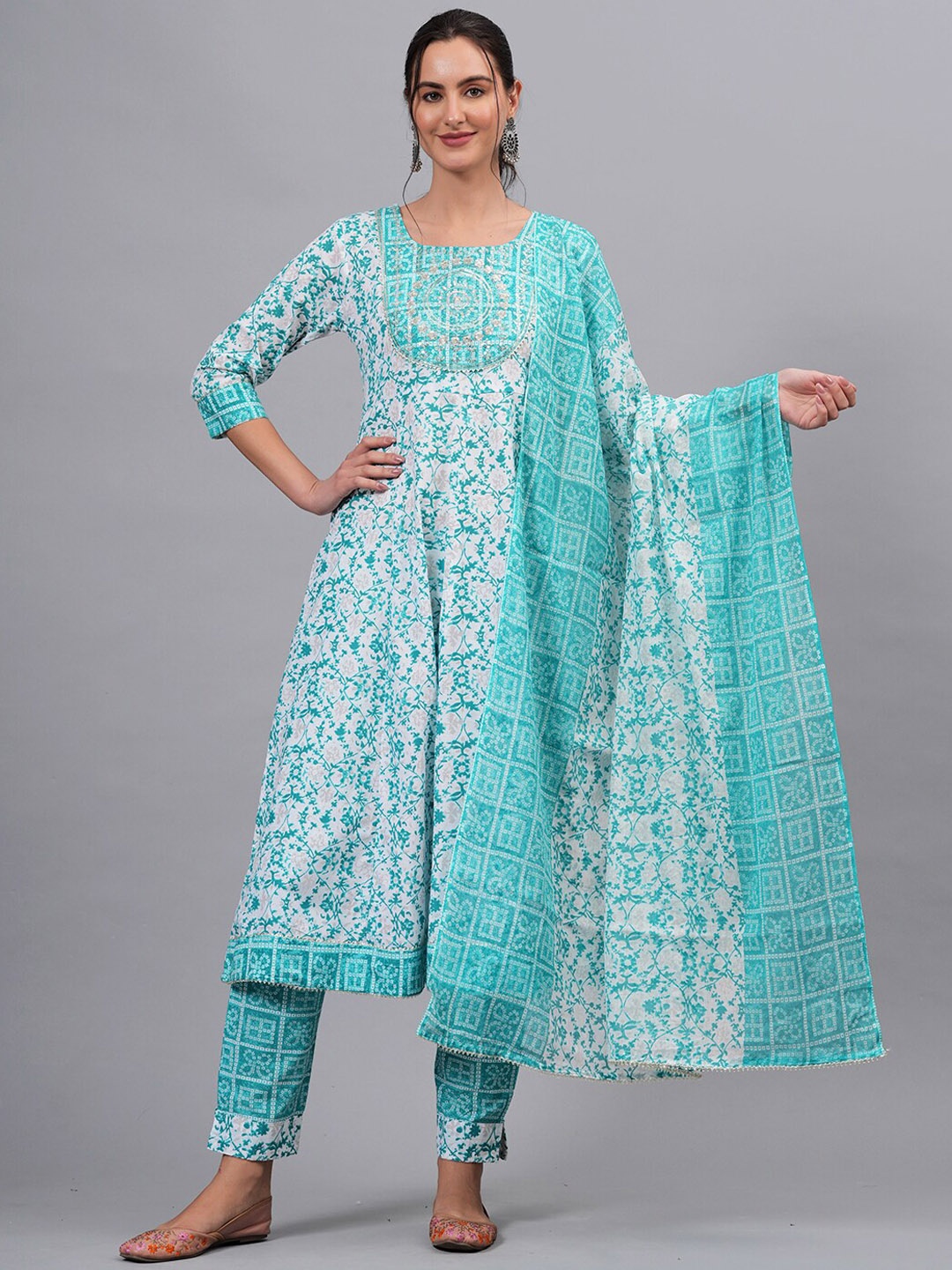 

KALINI Floral Printed Mirror Work Pure Cotton A-line Kurta & Trousers With Dupatta, Green