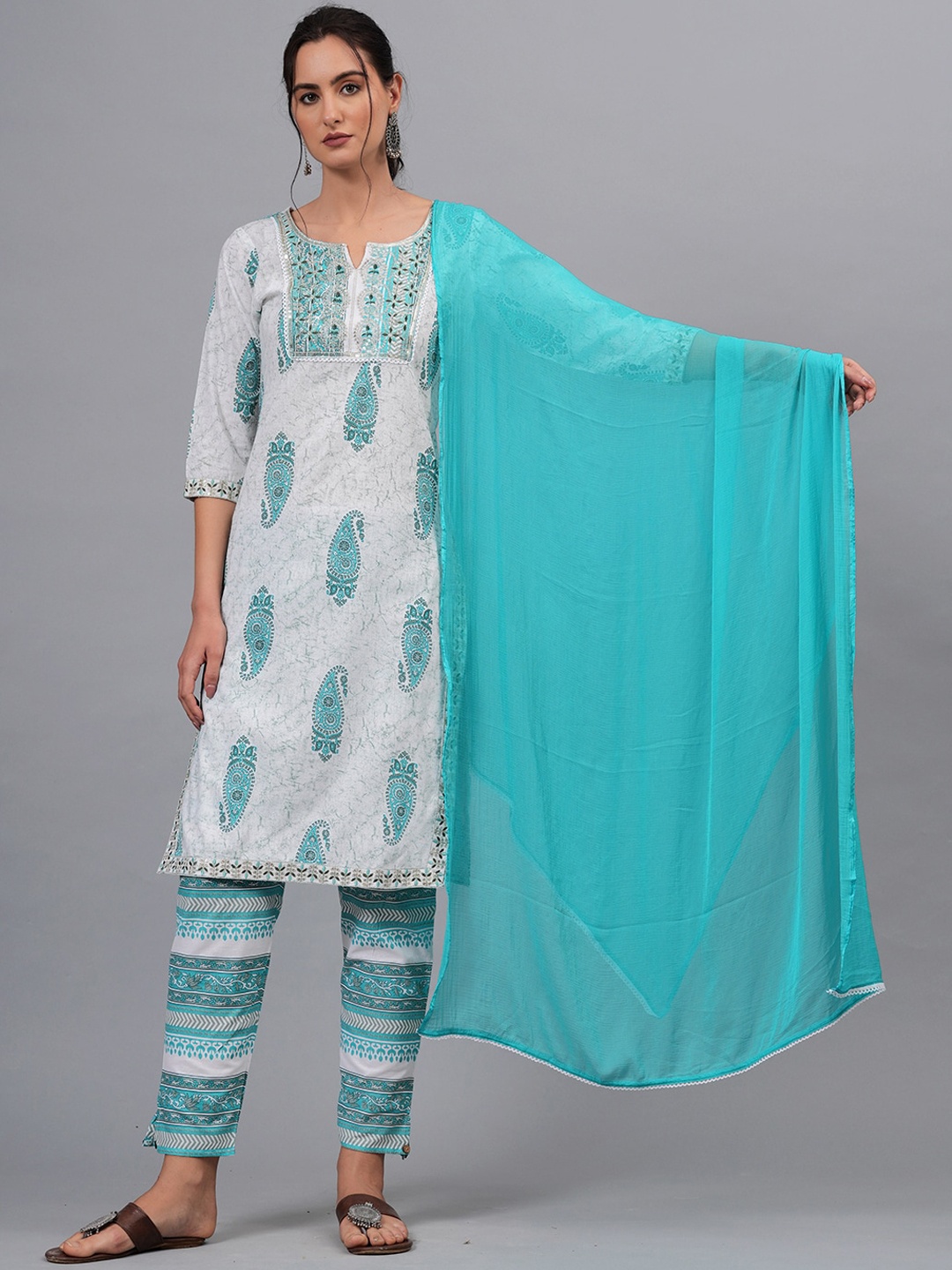 

KALINI Ethnic Motifs Printed Sequinned Pure Cotton Kurta & Trousers With Dupatta, Green