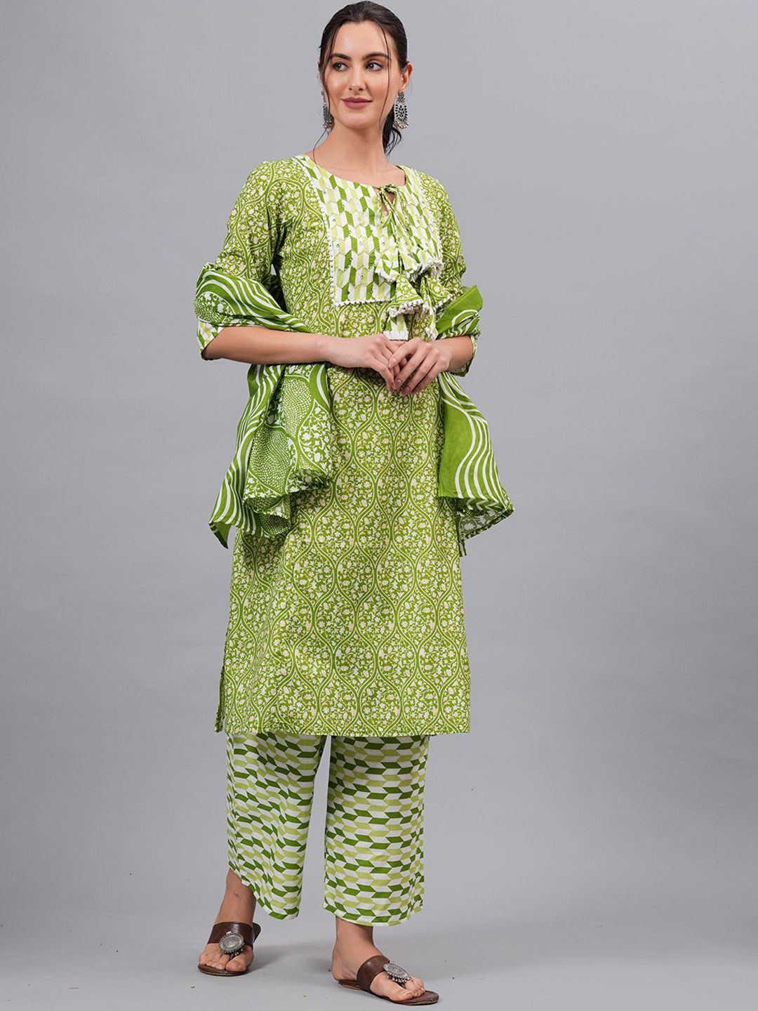 

KALINI Ethnic Printed Mirror Work Pure Cotton Straight Kurta with Trousers & Dupatta, Green