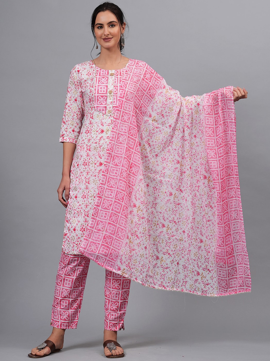

KALINI Floral Printed Straight Pure Cotton Kurta with Trousers & Dupatta, White