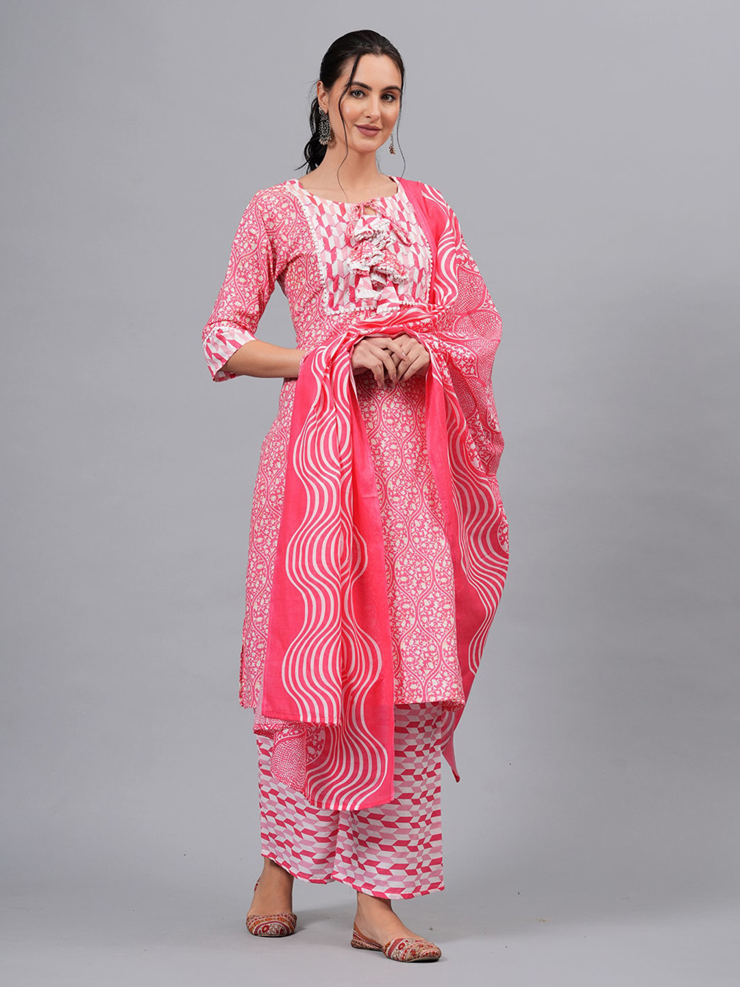 

KALINI Floral Printed Pure Cotton Straight Kurta & Palazzo With Dupatta, Pink