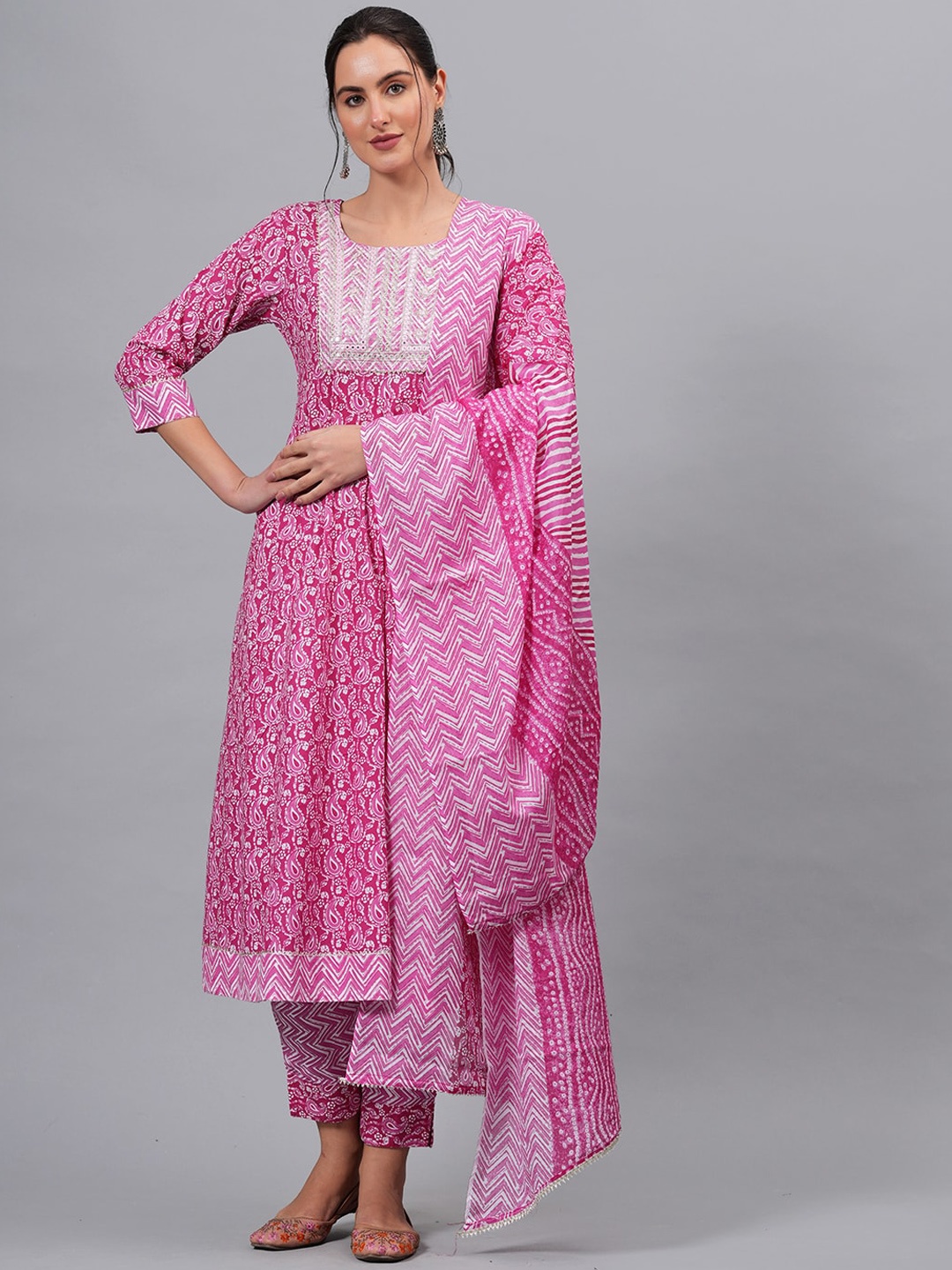 

KALINI Floral Printed Mirror Work Pure Cotton Kurta & Trousers With Dupatta, Pink