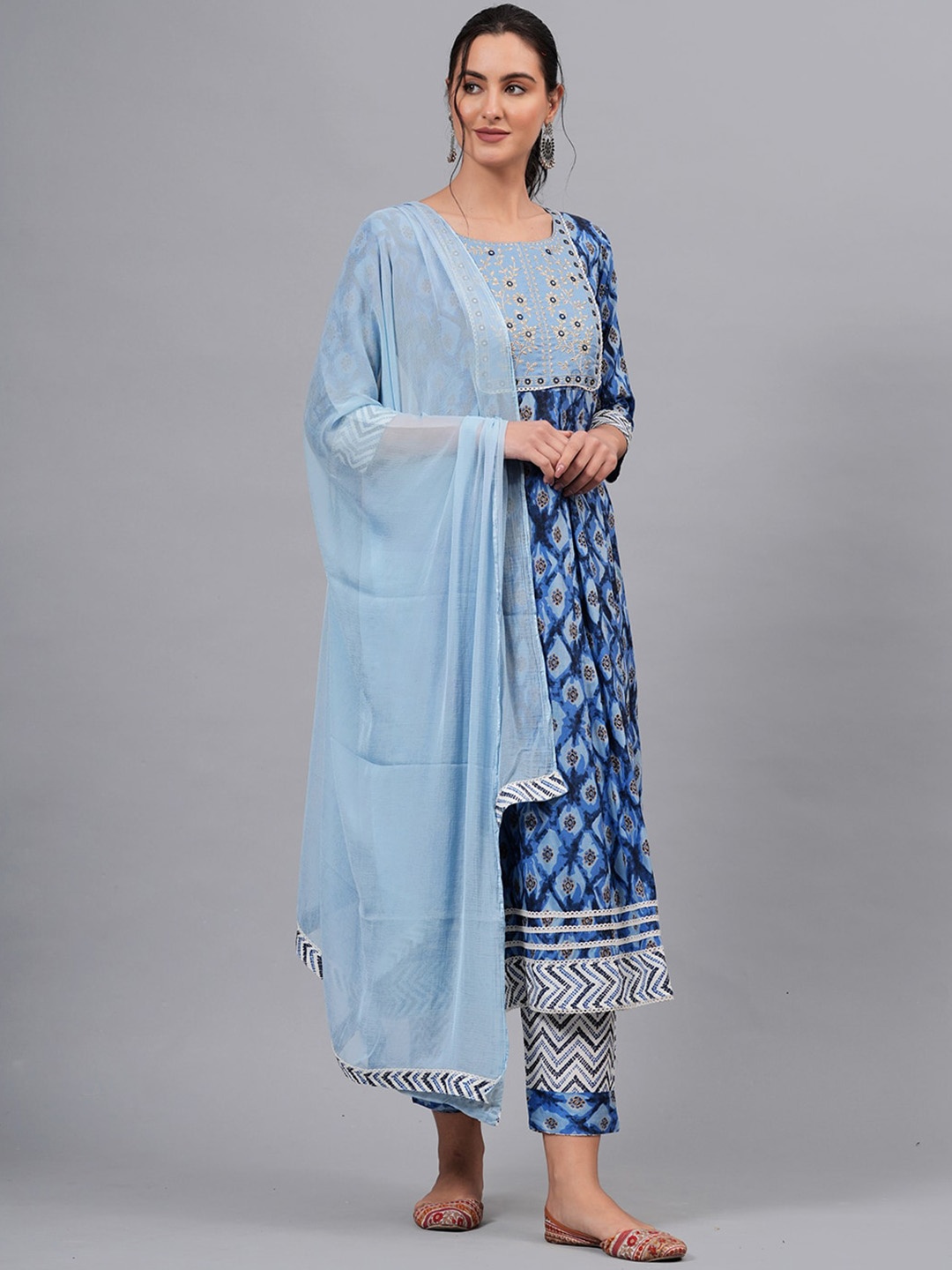KALINI Floral Printed Mirror Work Kurta with Trousers & Dupatta, Blue