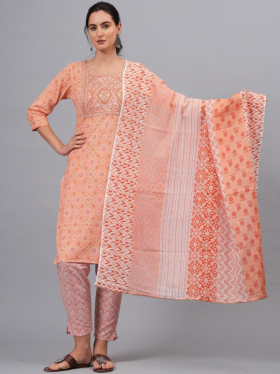 

KALINI Ethnic Motifs Printed Straight Pure Cotton Kurta With Trousers & Dupatta, Orange
