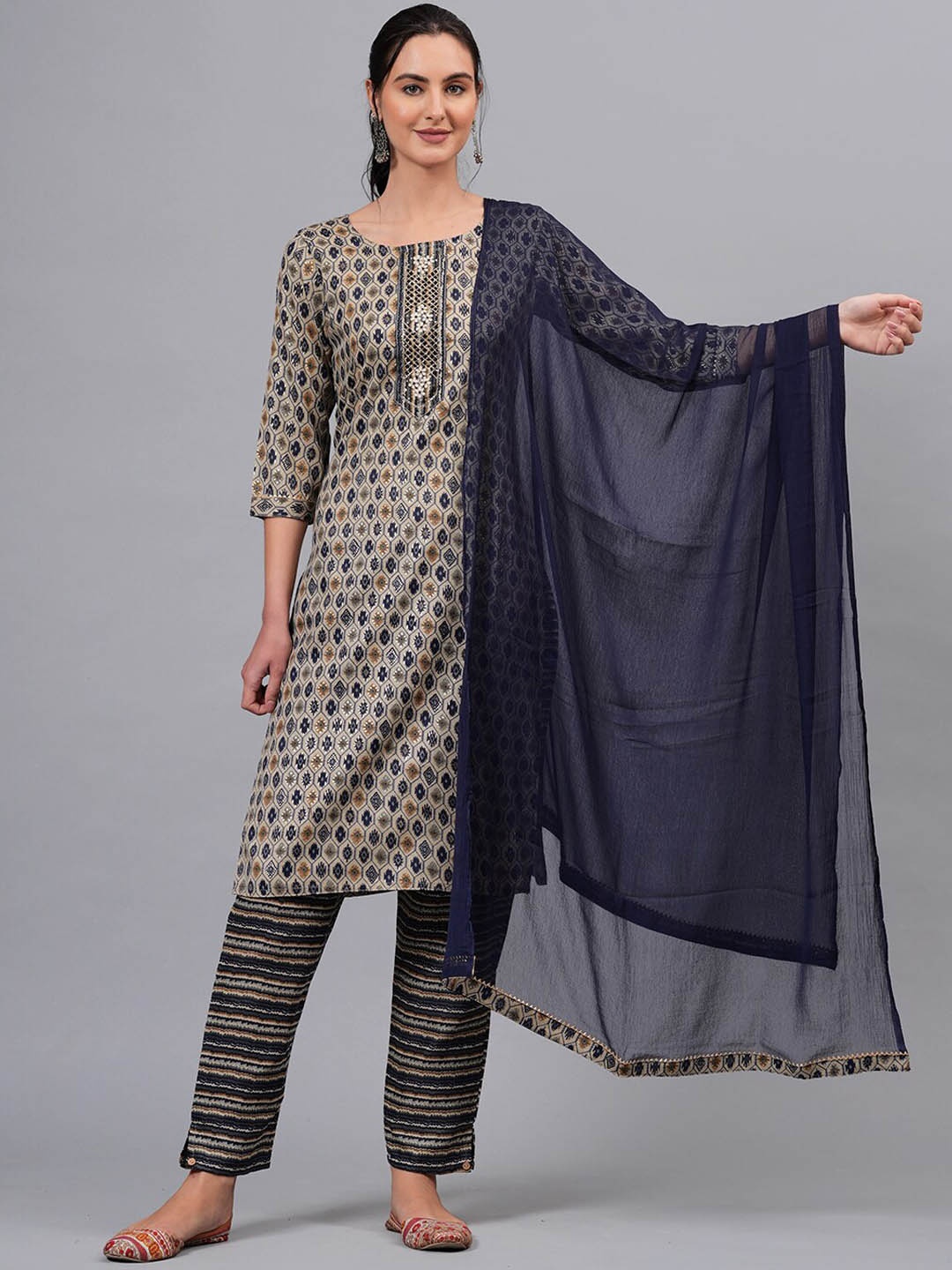 

KALINI Ethnic Motifs Printed Regular Gotta Patti Kurta With Trousers & Dupatta, Blue