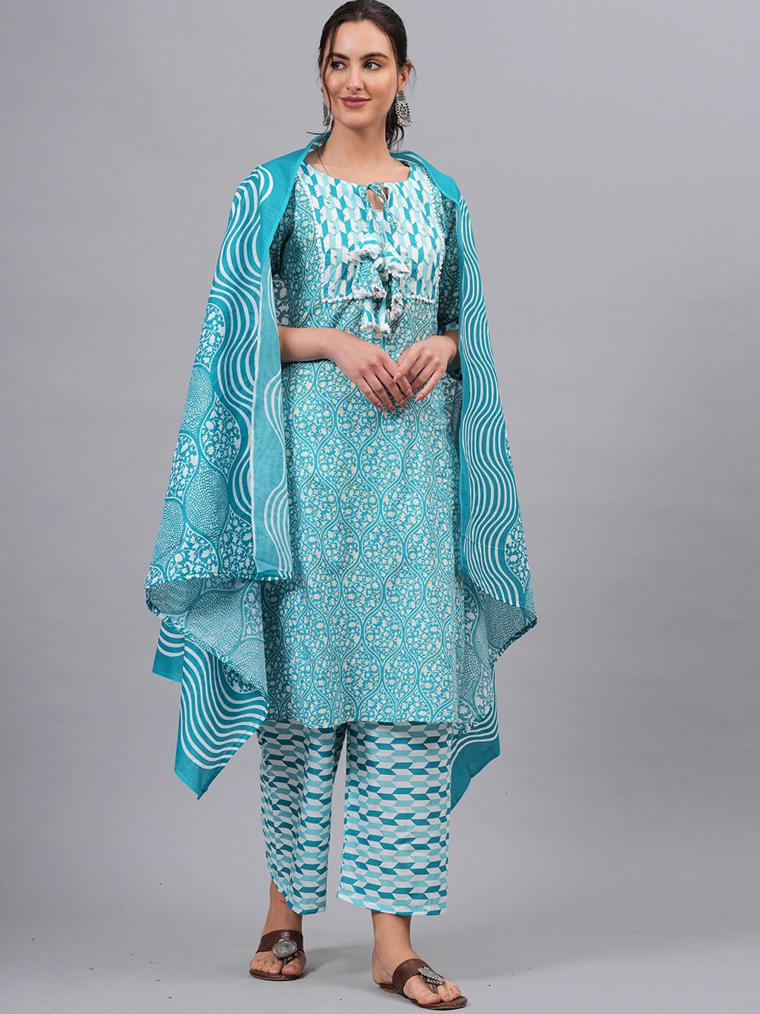 

KALINI Floral Printed Straight Pure Cotton Kurta With Trousers & Dupatta, Blue