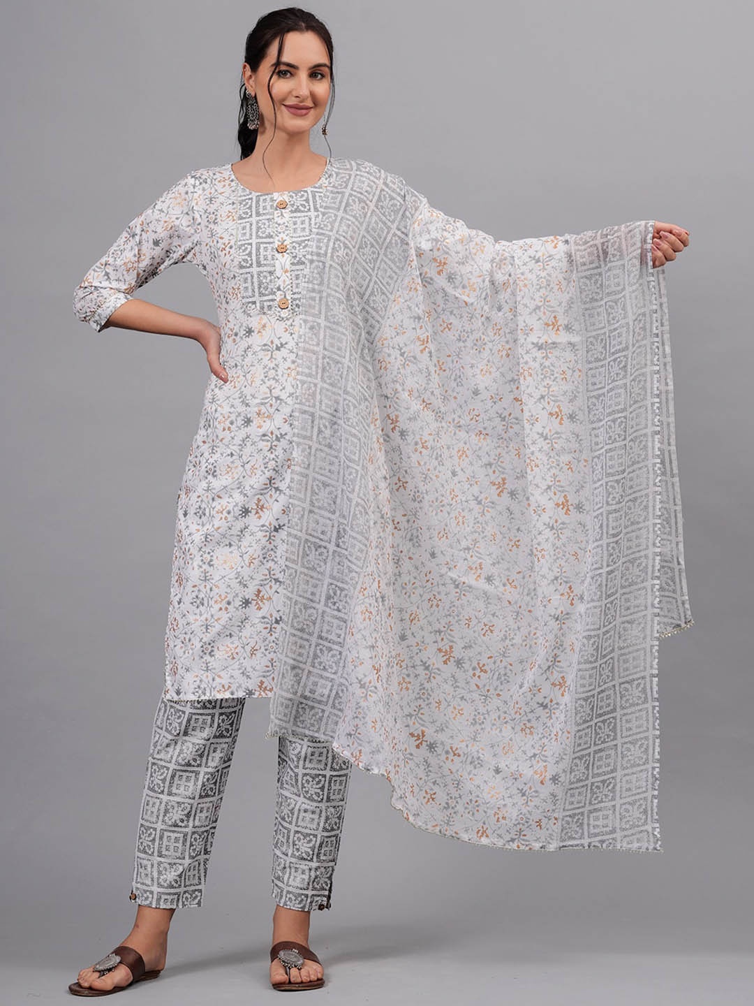 

KALINI Floral Printed Regular Gotta Patti Pure Cotton Kurta With Trousers & Dupatta, Grey