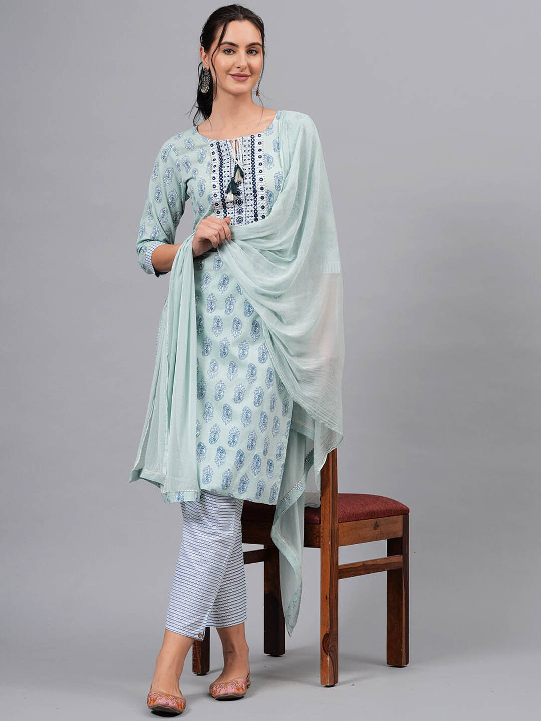

KALINI Ethnic Motifs Printed Straight Pure Cotton Kurta With Trousers & Dupatta, Green