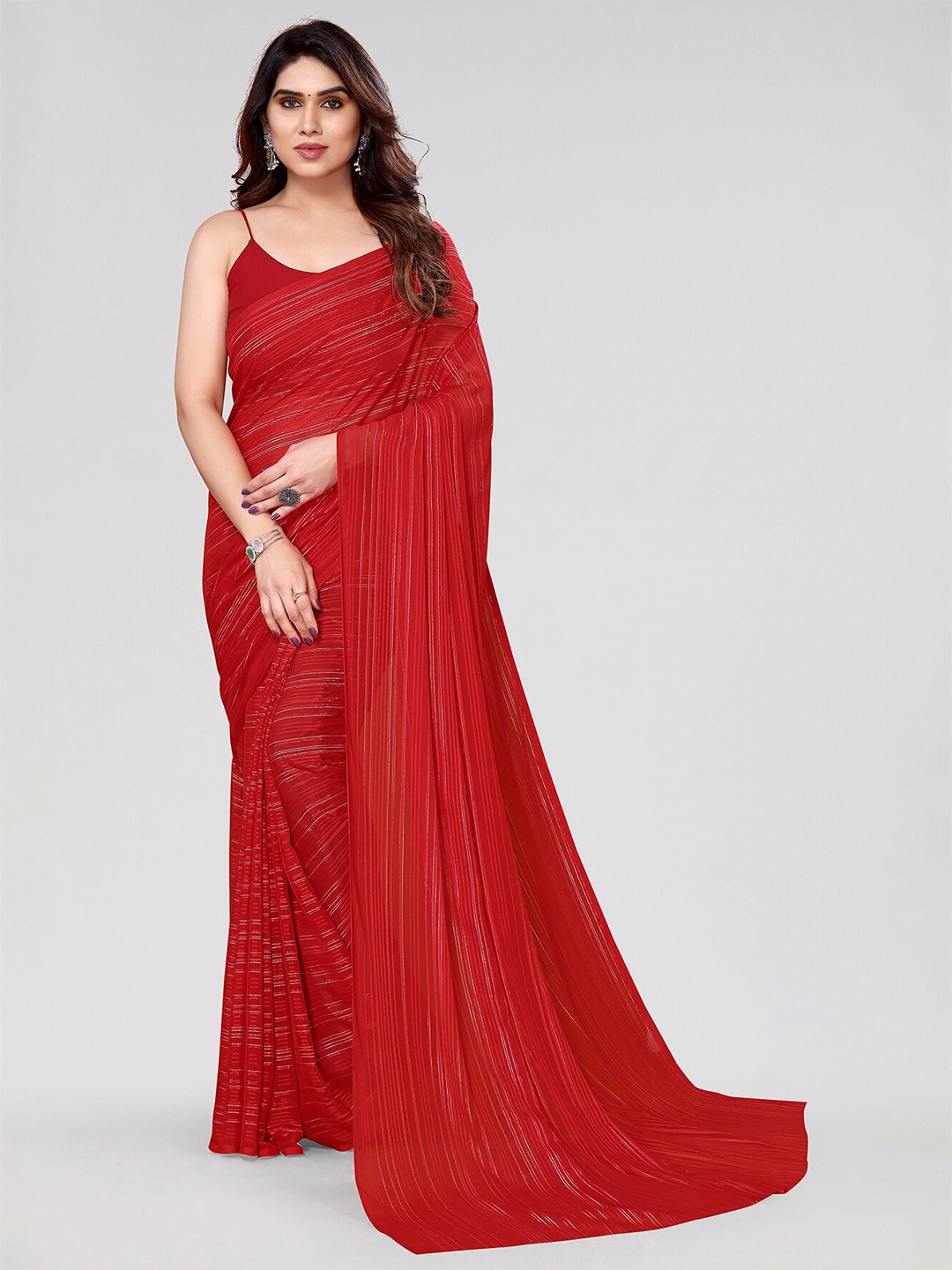 

Moda Rapido Striped Satin Saree, Red