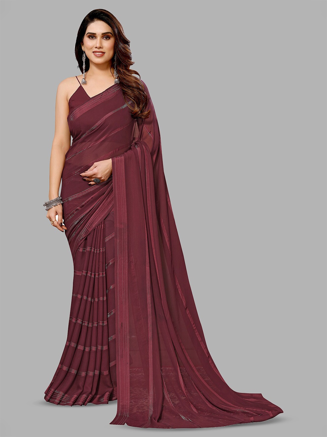 

Moda Rapido Striped Satin Saree, Maroon