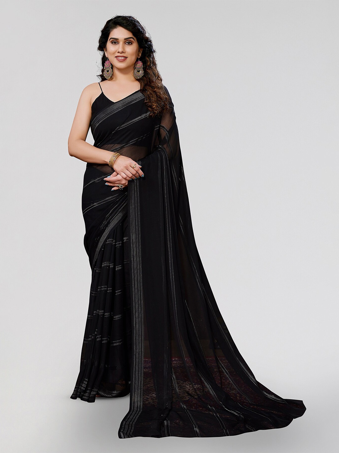 

ANAND SAREES Striped Satin Saree, Black