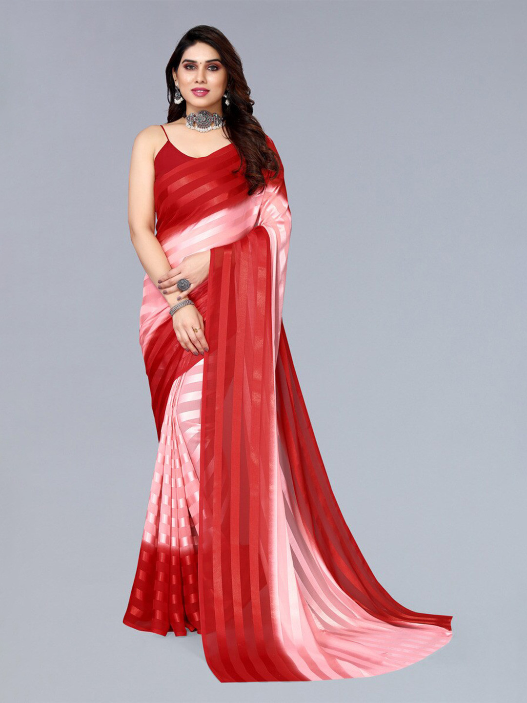 

Moda Rapido Striped Satin Saree, Red