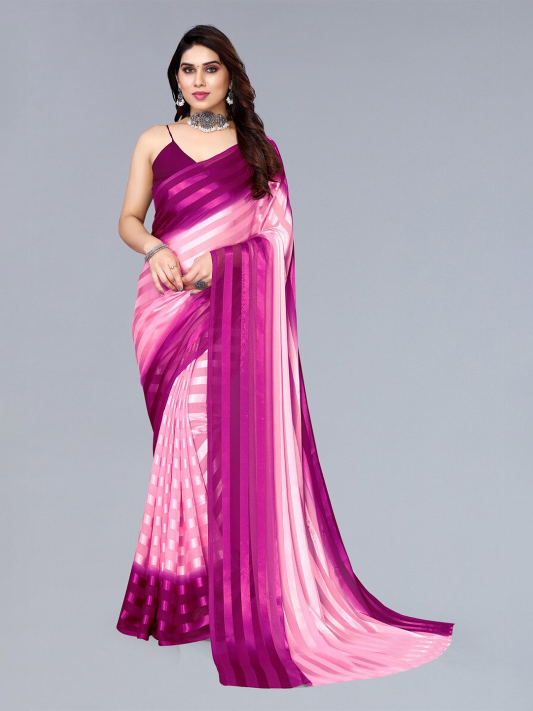 

Moda Rapido Striped Satin Saree, Purple