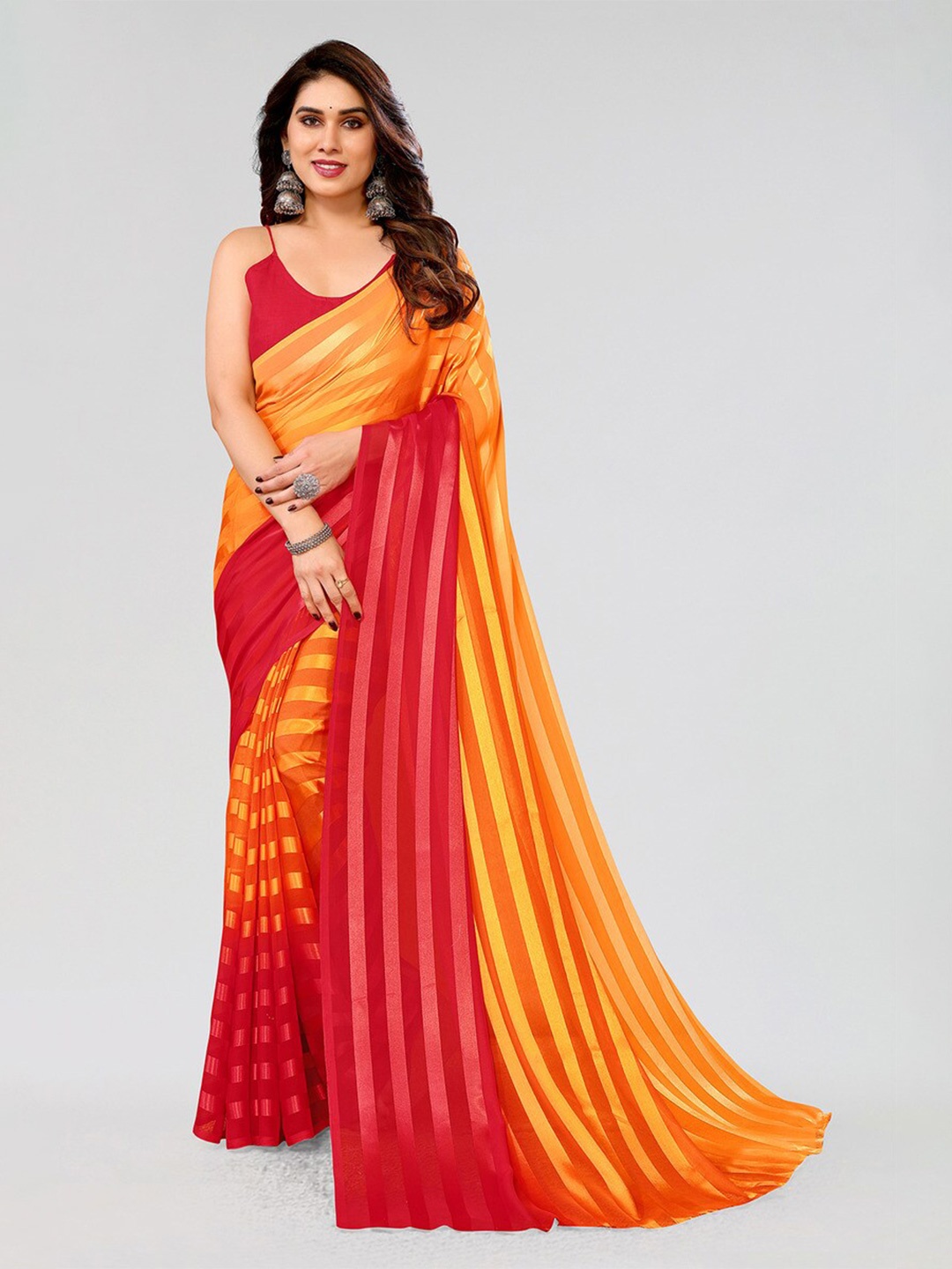 

ANAND SAREES Striped Satin Saree, Orange