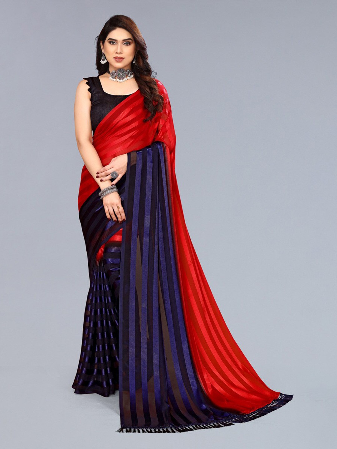 

ANAND SAREES Striped Satin Saree, Red