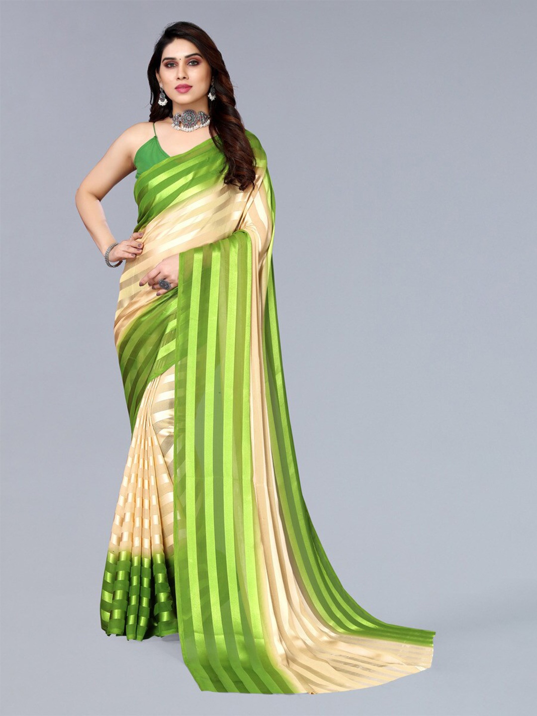

ANAND SAREES Striped Satin Saree, Green