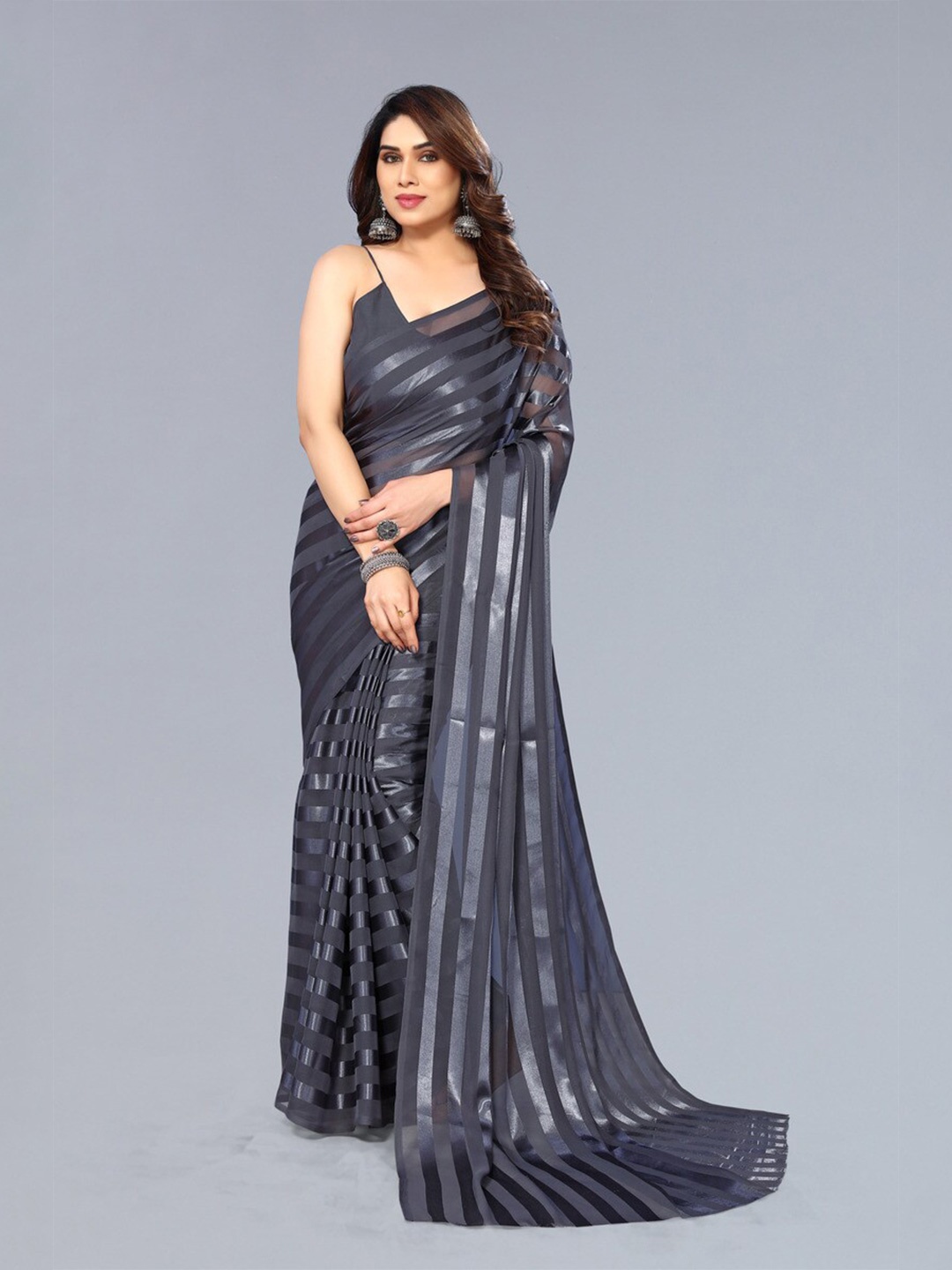 

Moda Rapido Striped Satin Saree, Grey