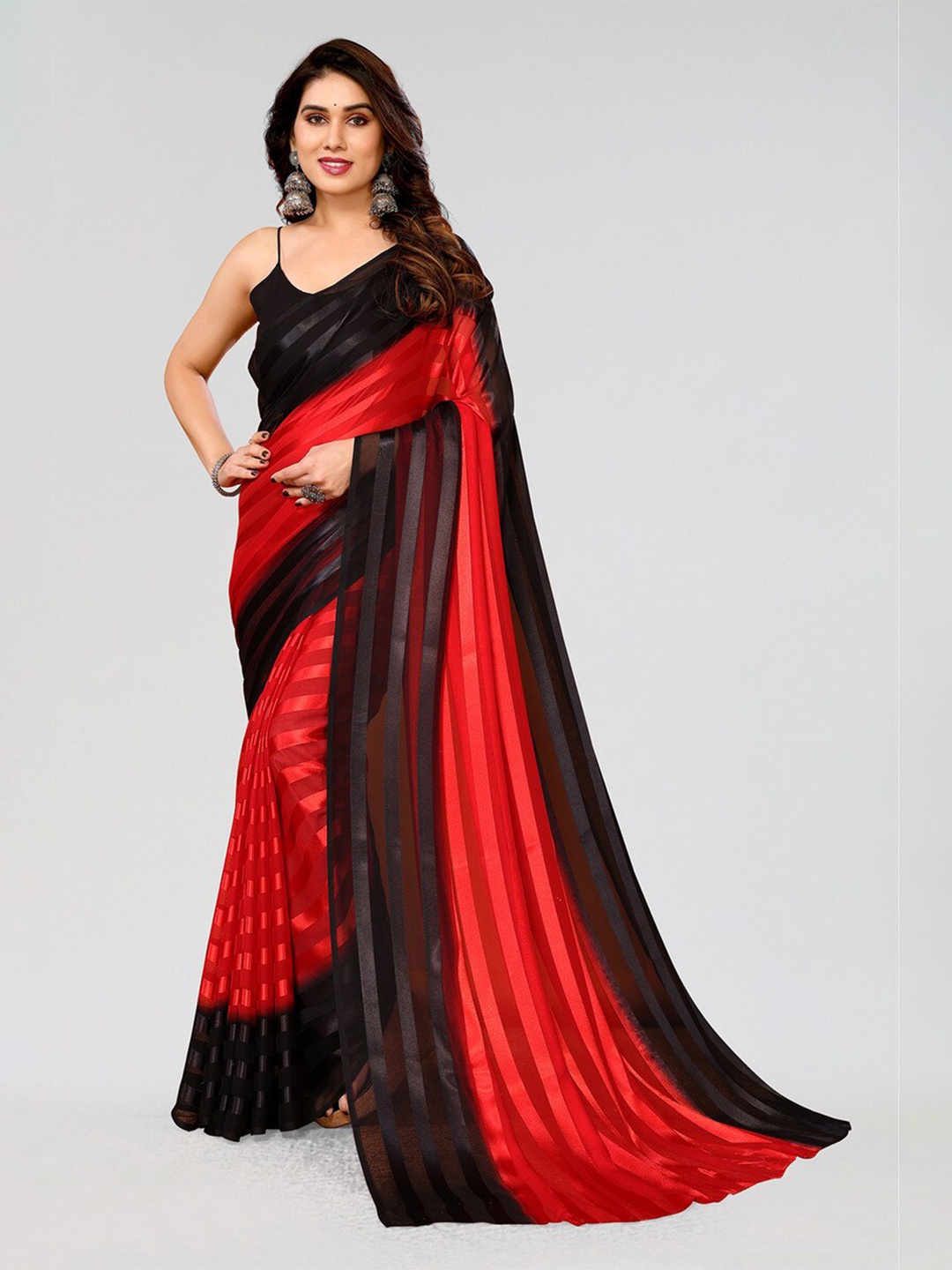 

Moda Rapido Striped Satin Saree, Red