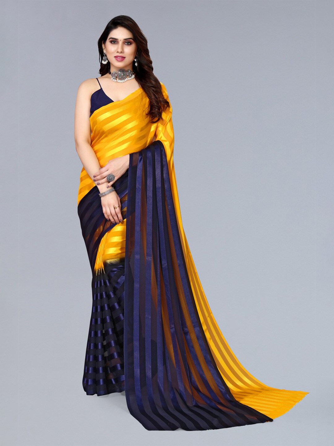 

Moda Rapido Striped Embellished Satin Saree, Yellow