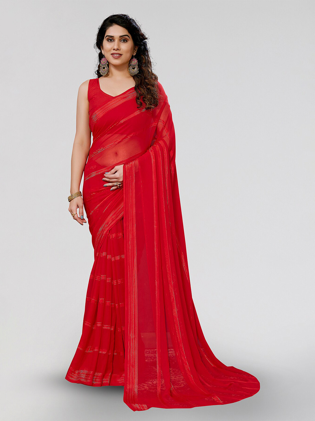 

Moda Rapido Striped Satin Saree, Red
