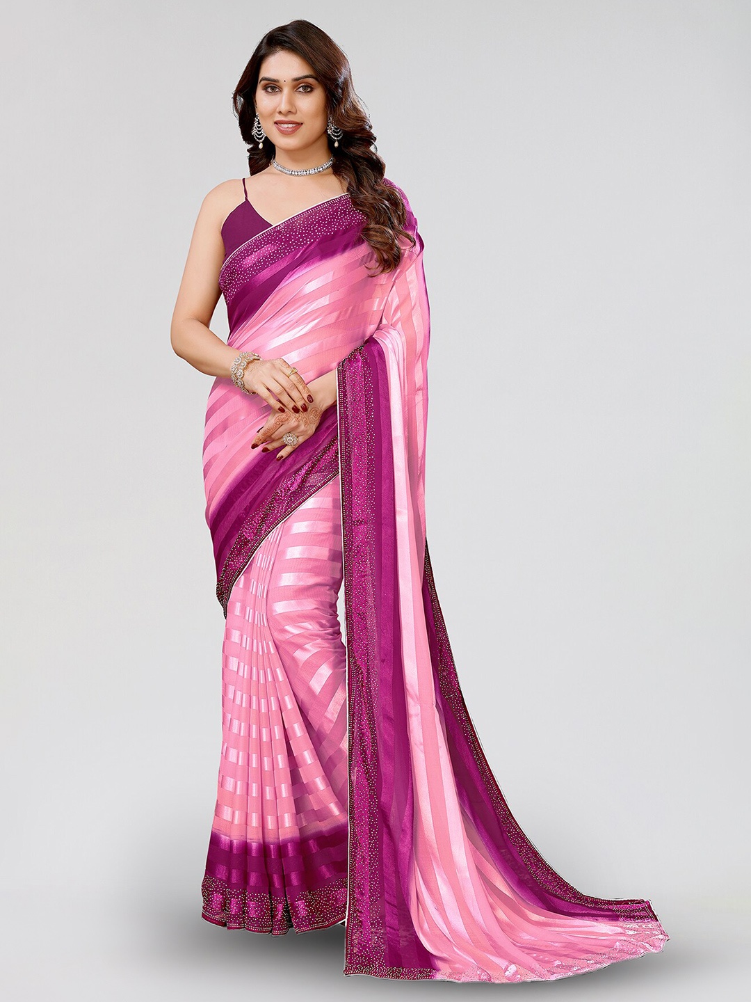 

ANAND SAREES Striped Satin Saree, Purple