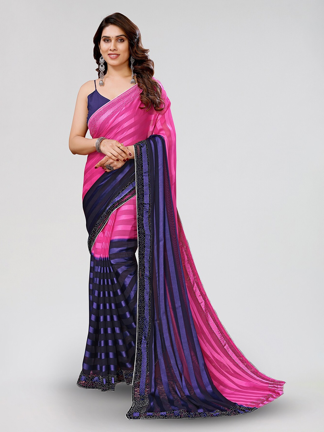 

ANAND SAREES Striped Satin Saree, Pink