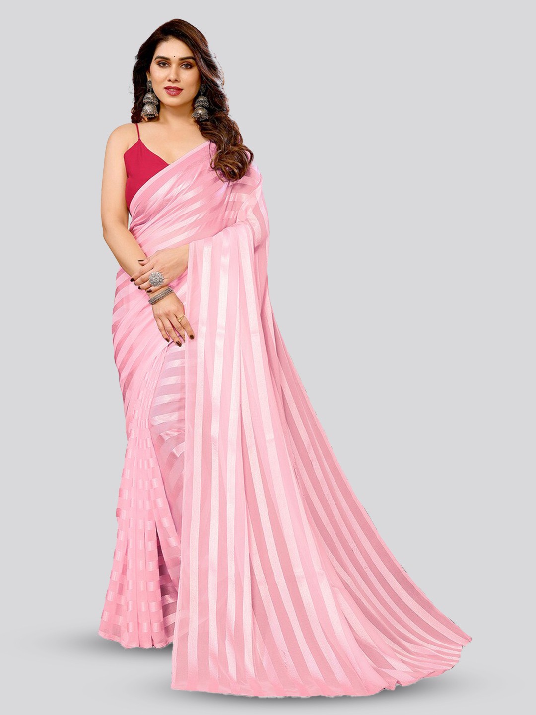

ANAND SAREES Striped Printed Satin Saree, Pink
