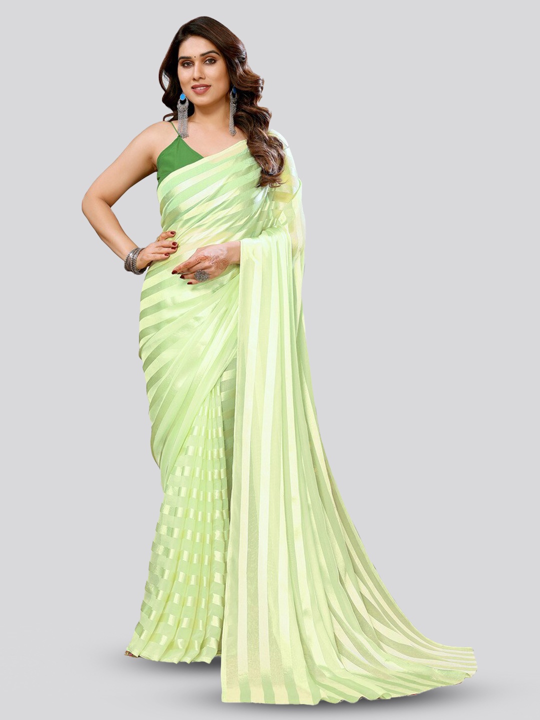 

ANAND SAREES Striped Printed Saree, Green