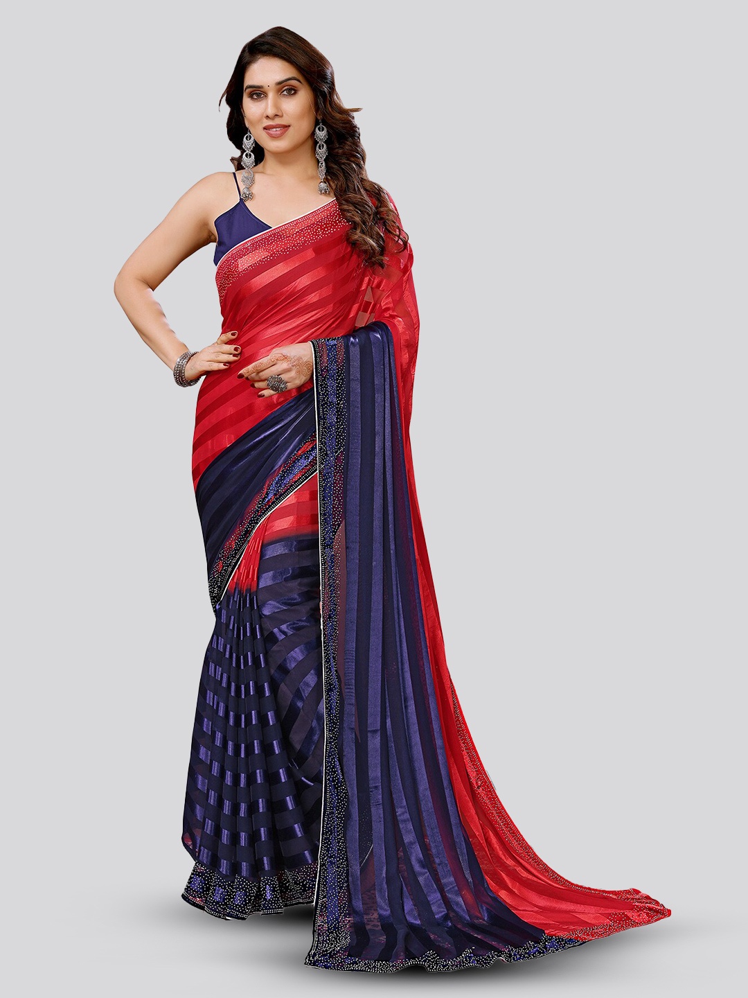 

ANAND SAREES Striped Satin Saree, Red