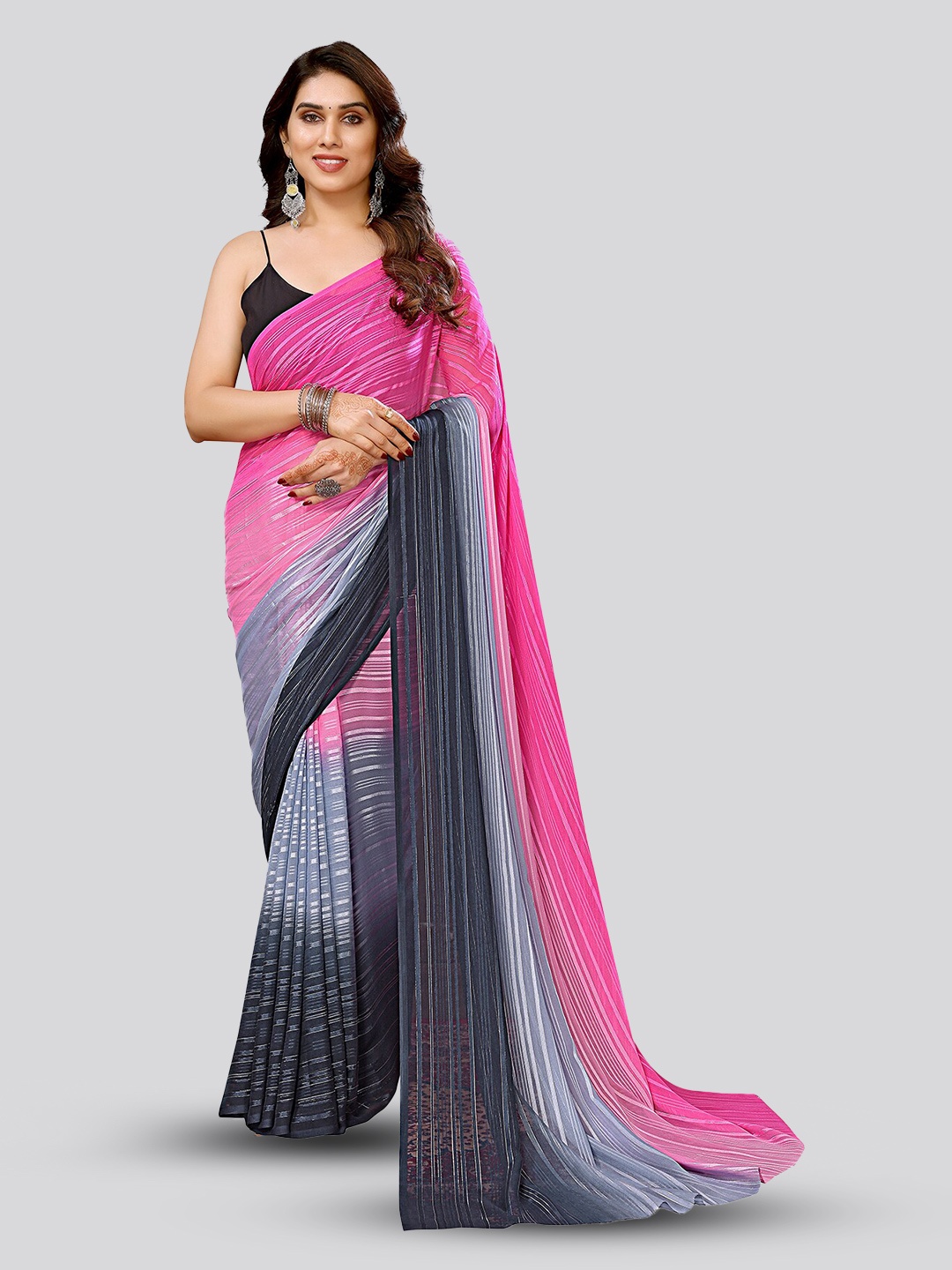 

Moda Rapido Striped Satin Saree, Pink