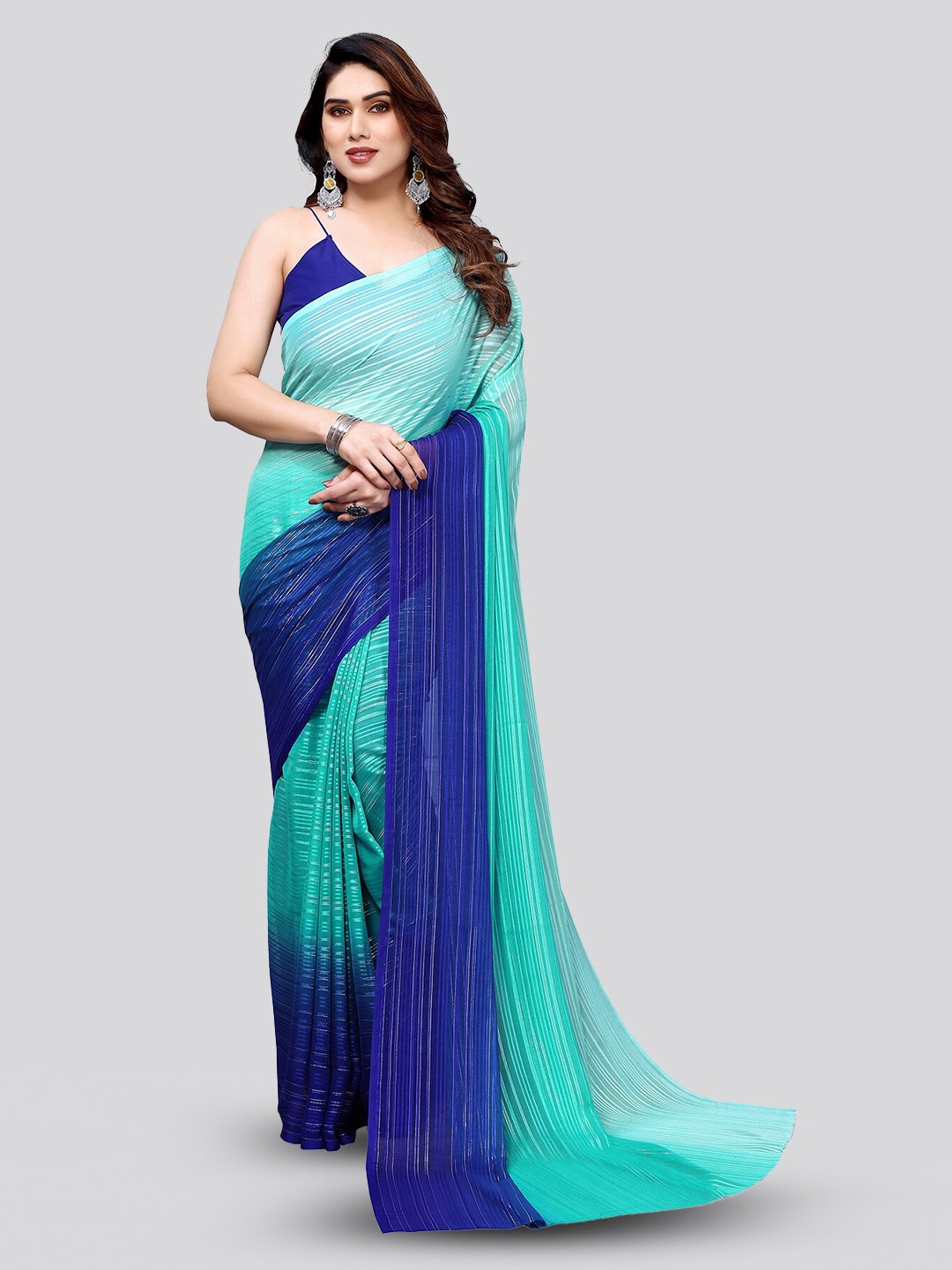 

Moda Rapido Striped Satin Saree, Blue