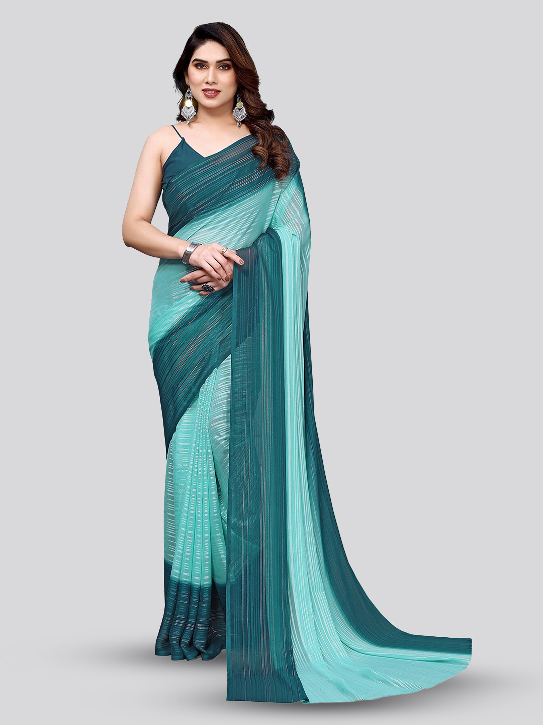 

Moda Rapido Striped Satin Saree, Blue
