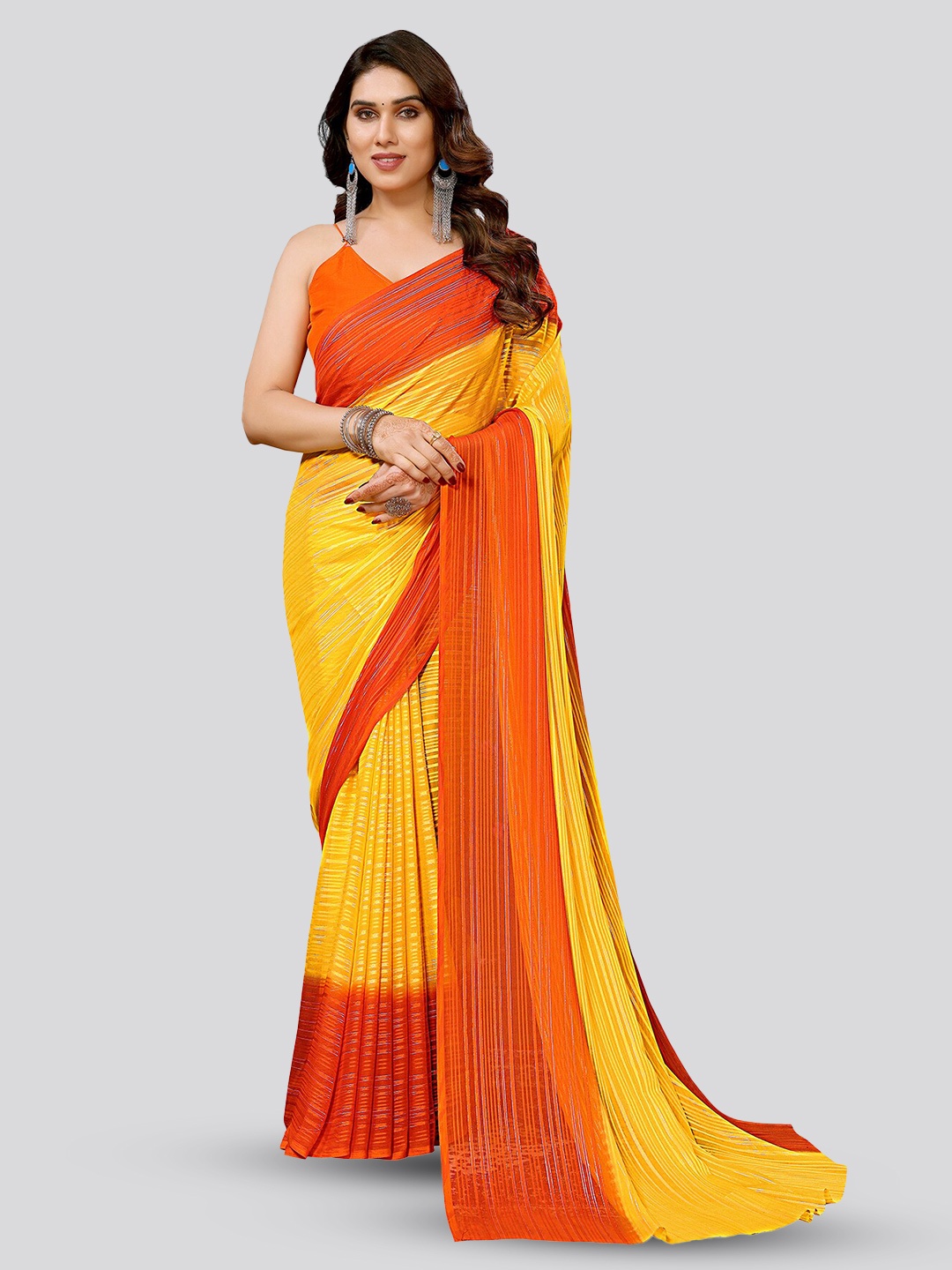 

ANAND SAREES Striped Printed Satin Saree, Orange