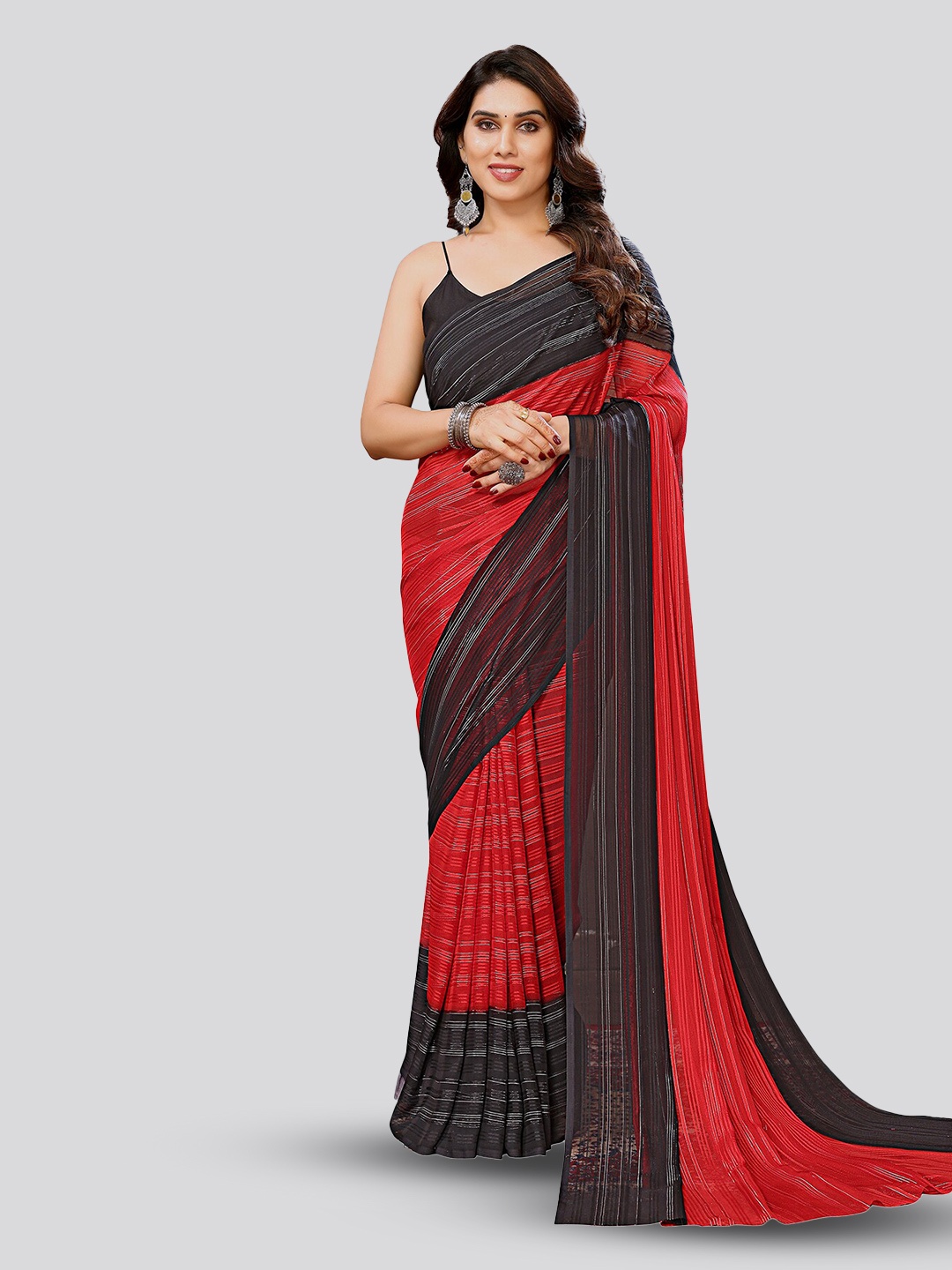 

ANAND SAREES Striped Satin Saree, Red