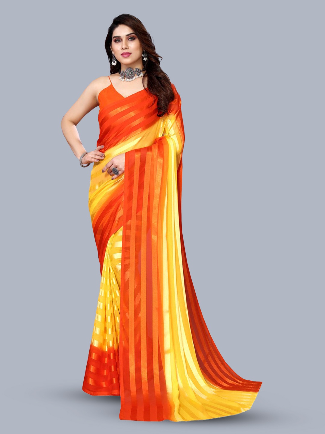 

Moda Rapido Striped Satin Saree, Yellow
