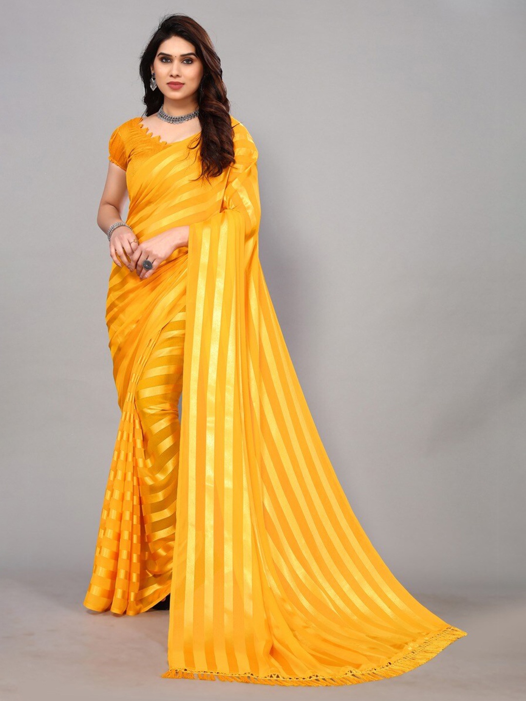 

ANAND SAREES Striped Satin Saree, Yellow