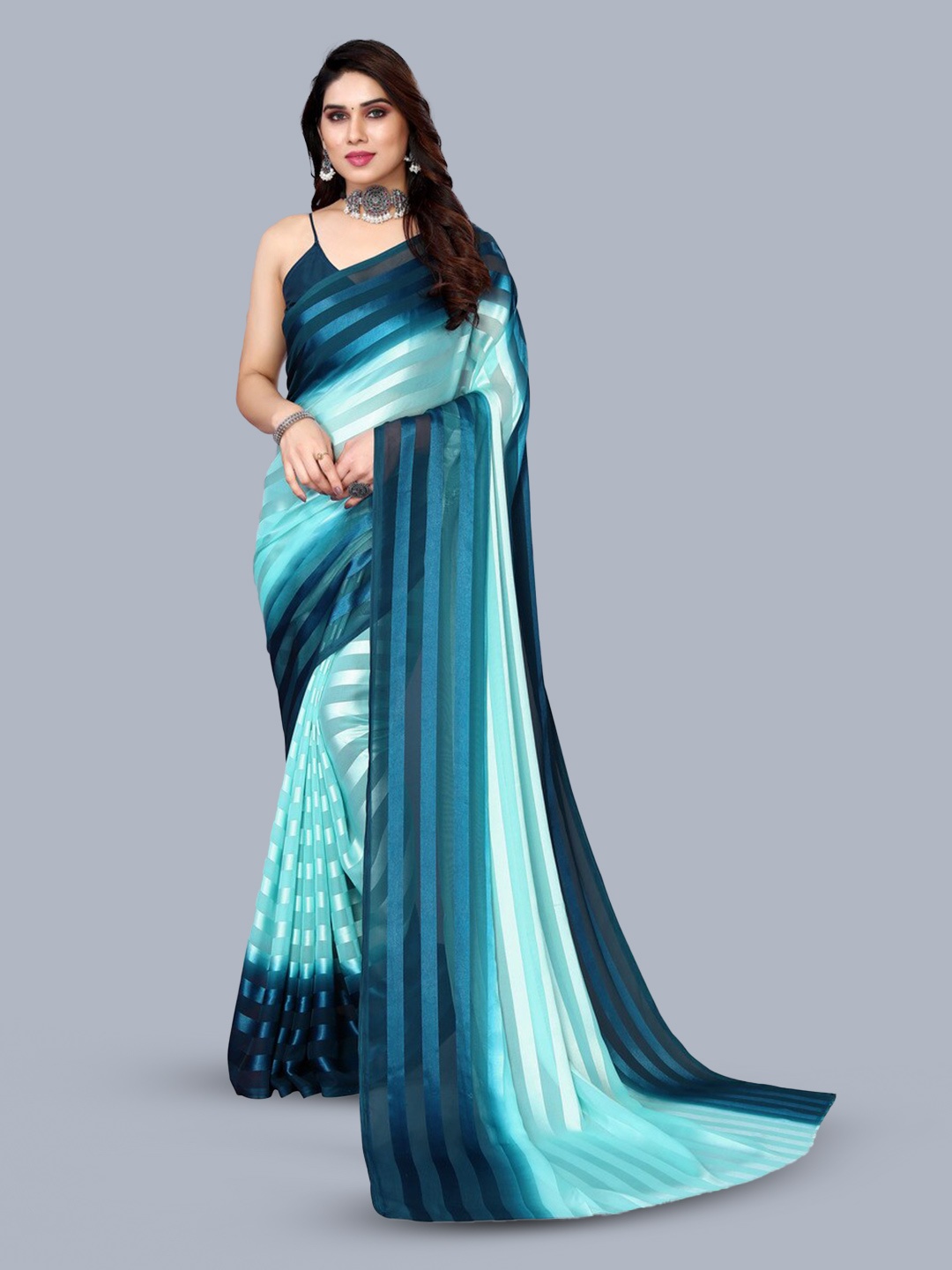 

Moda Rapido Striped Satin Saree, Blue