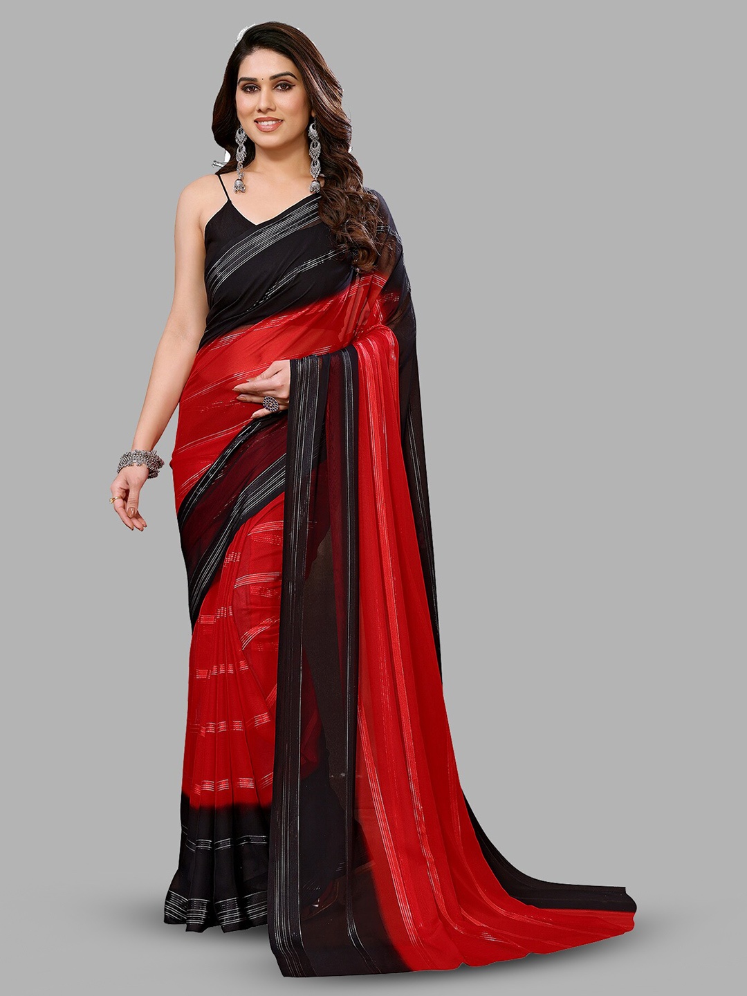 

Moda Rapido Striped Satin Saree, Red
