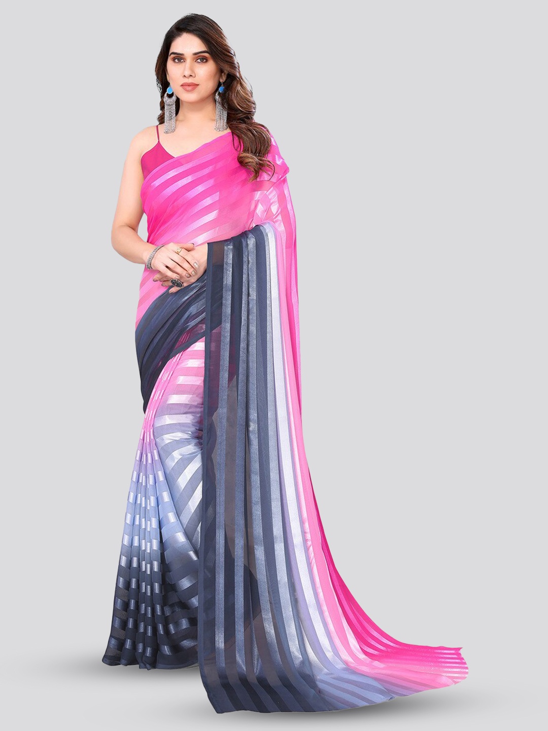 

Moda Rapido Colourblocked Striped Satin Saree, Pink
