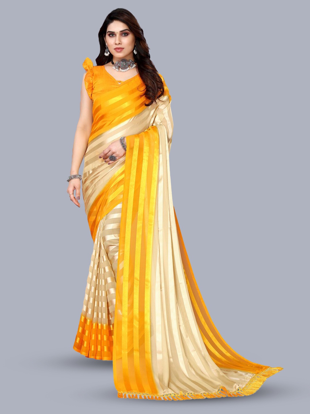 

ANAND SAREES Striped Satin Saree, Yellow