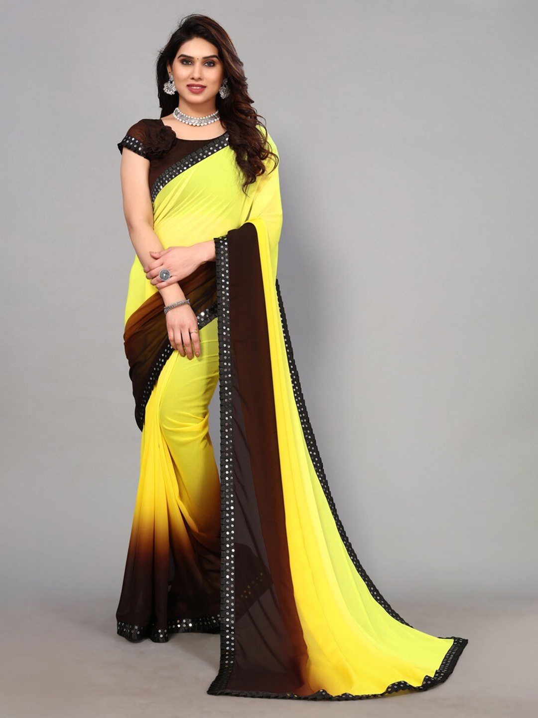 

ANAND SAREES Colourblocked Embellished Sequinned Saree, Yellow