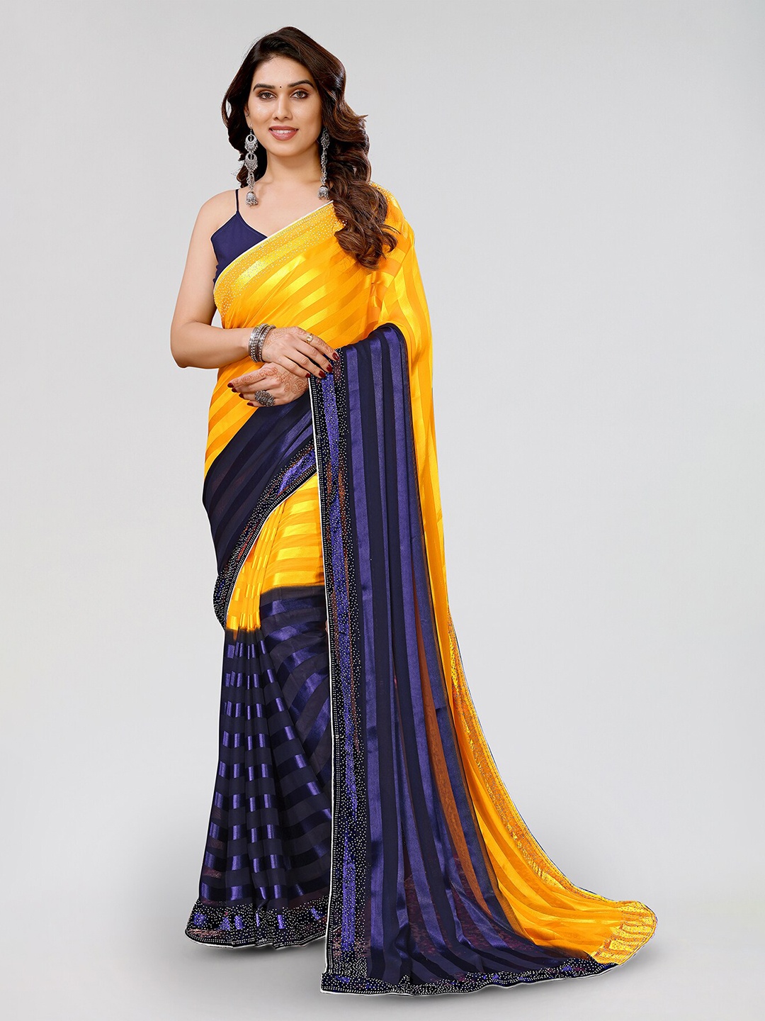 

ANAND SAREES Striped Embellished Satin Saree, Yellow