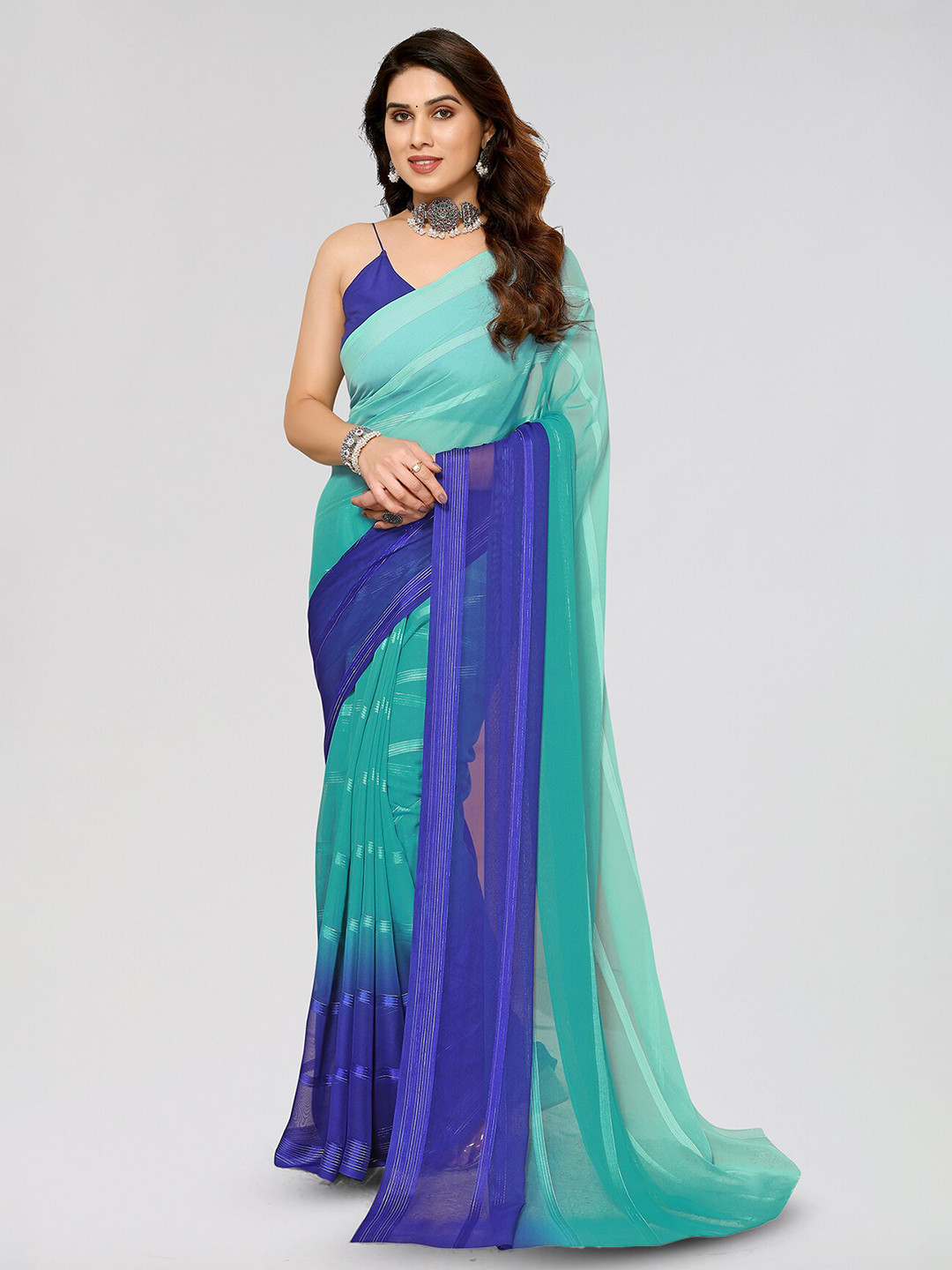 

ANAND SAREES Striped Satin Saree, Blue