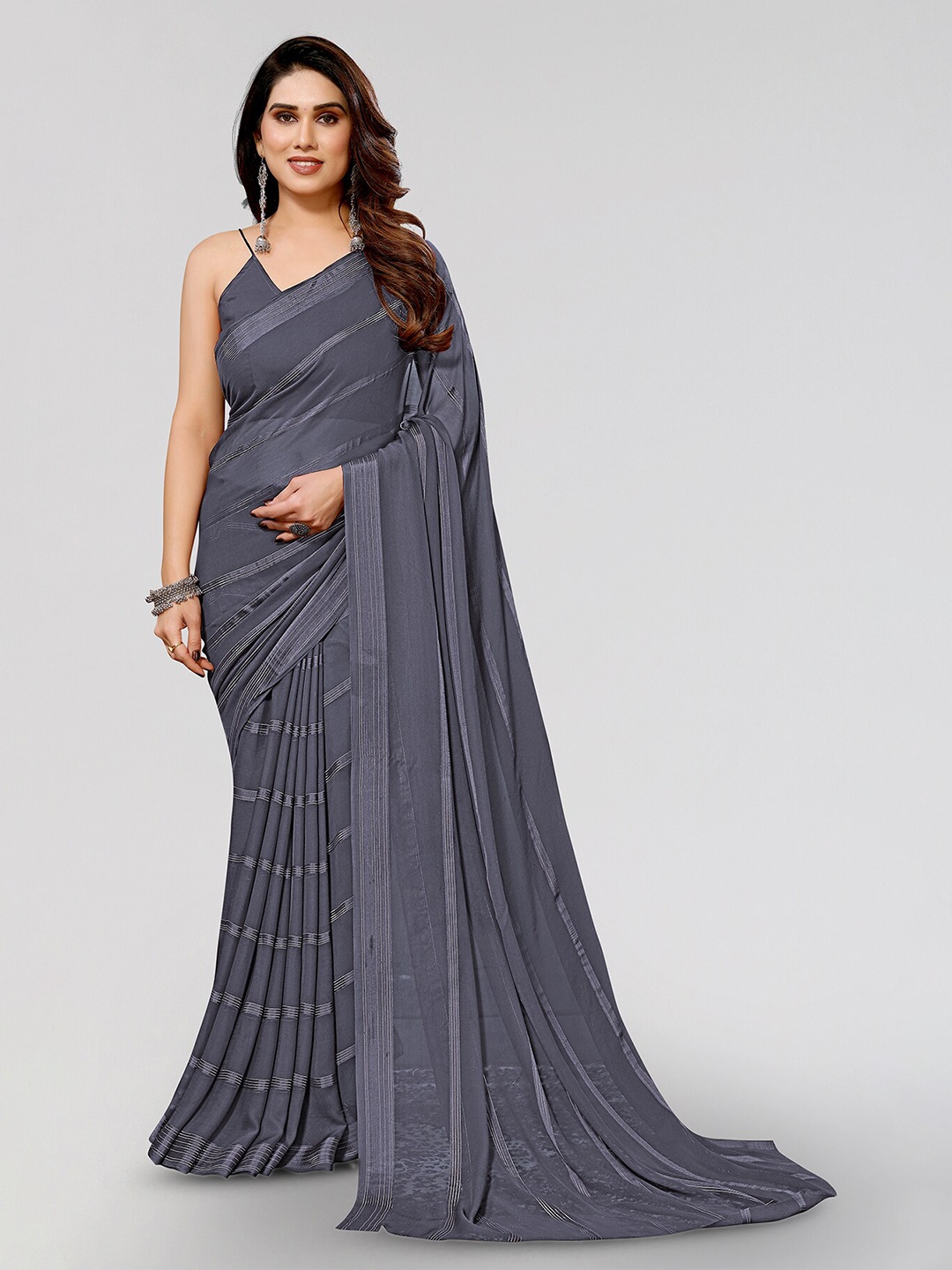 

Moda Rapido Striped Satin Saree, Grey