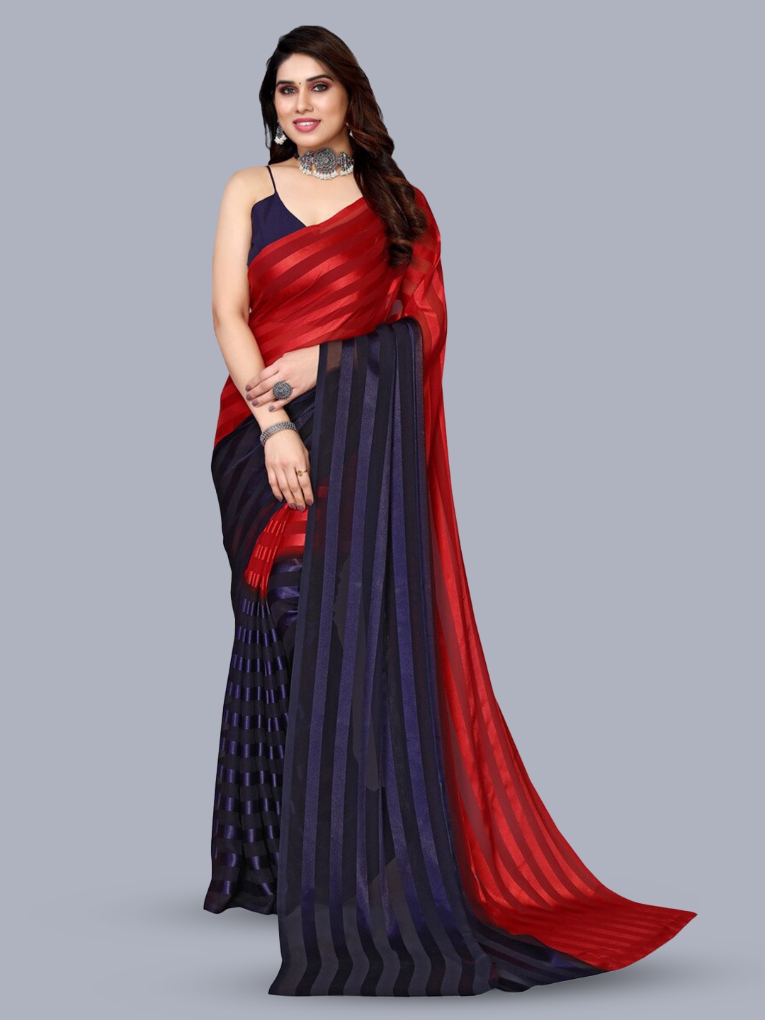 

Moda Rapido Striped Satin Saree, Red