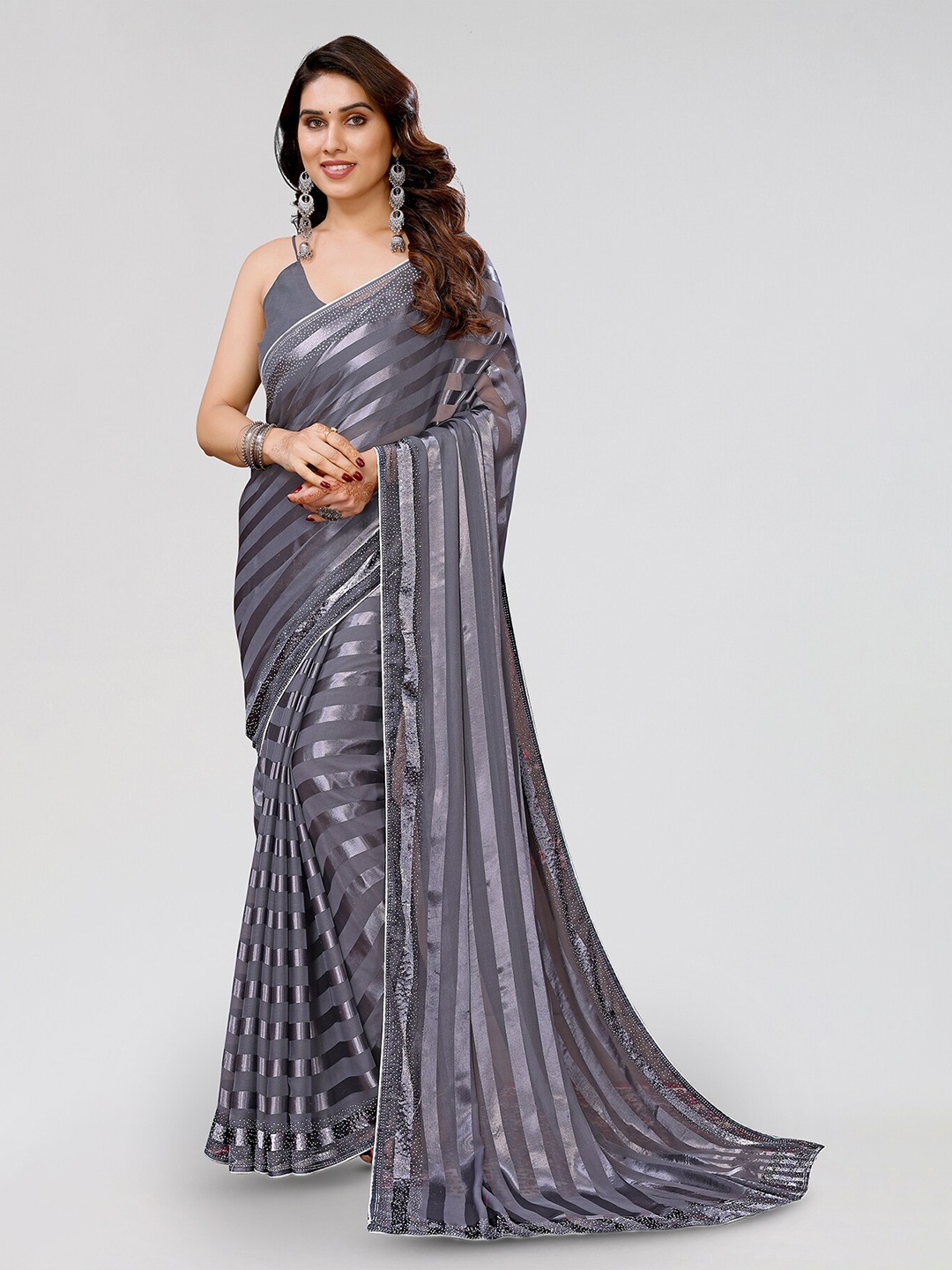 

ANAND SAREES Striped Beads and Stones Satin Saree, Grey