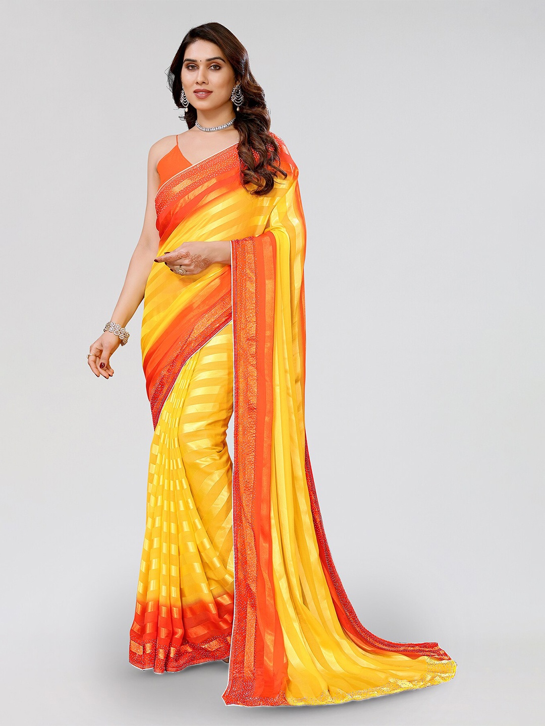 

ANAND SAREES Striped Printed Satin Saree, Yellow