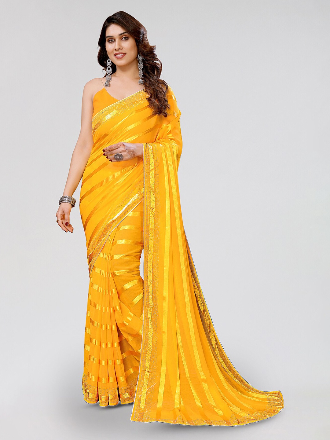 

ANAND SAREES Striped Printed Satin Saree, Yellow