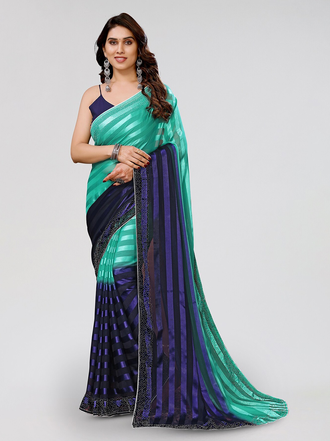 

ANAND SAREES Striped Printed Beads & Stones Satin Saree, Blue