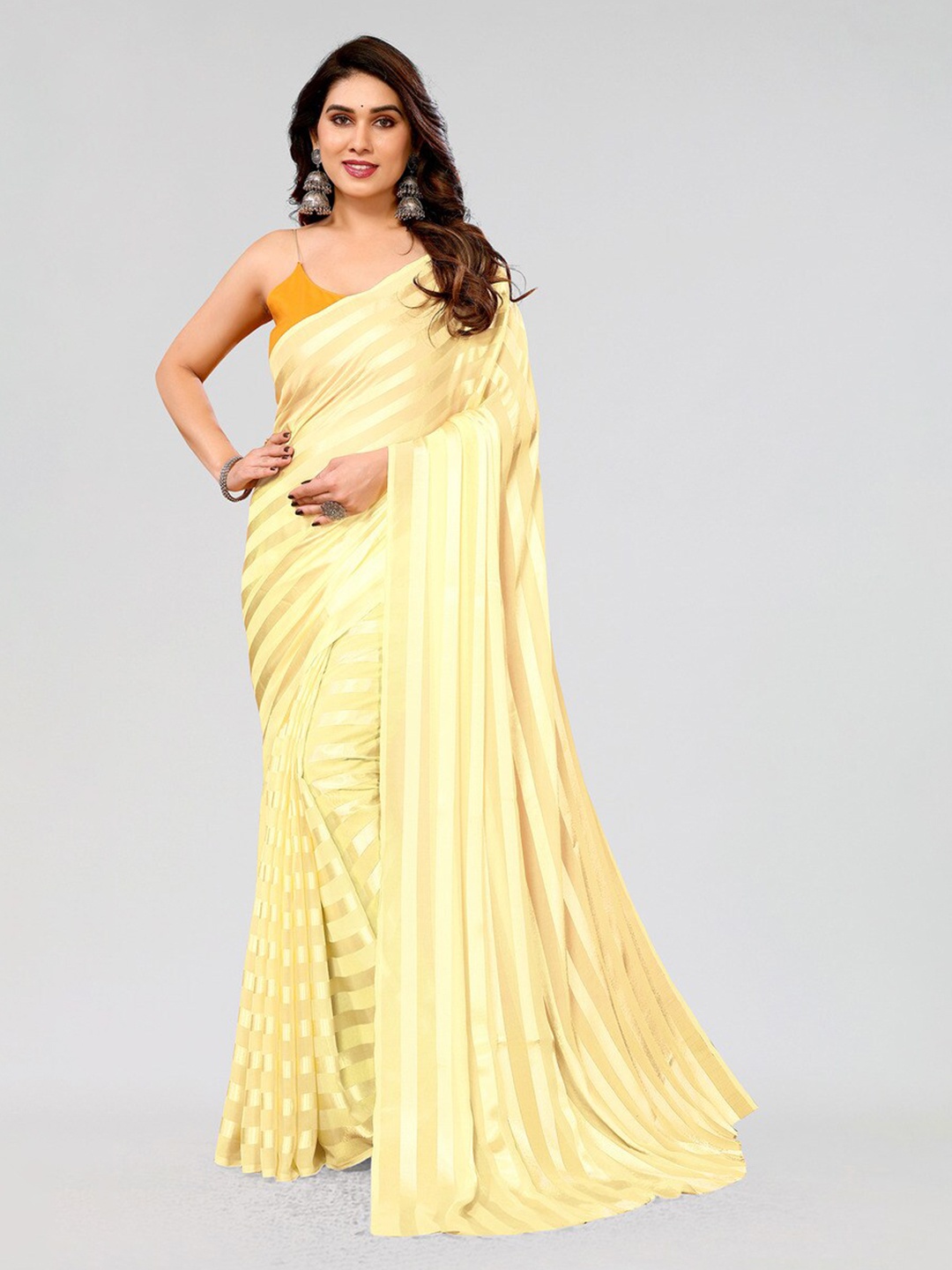 

ANAND SAREES Striped Embellished Satin Saree, Yellow